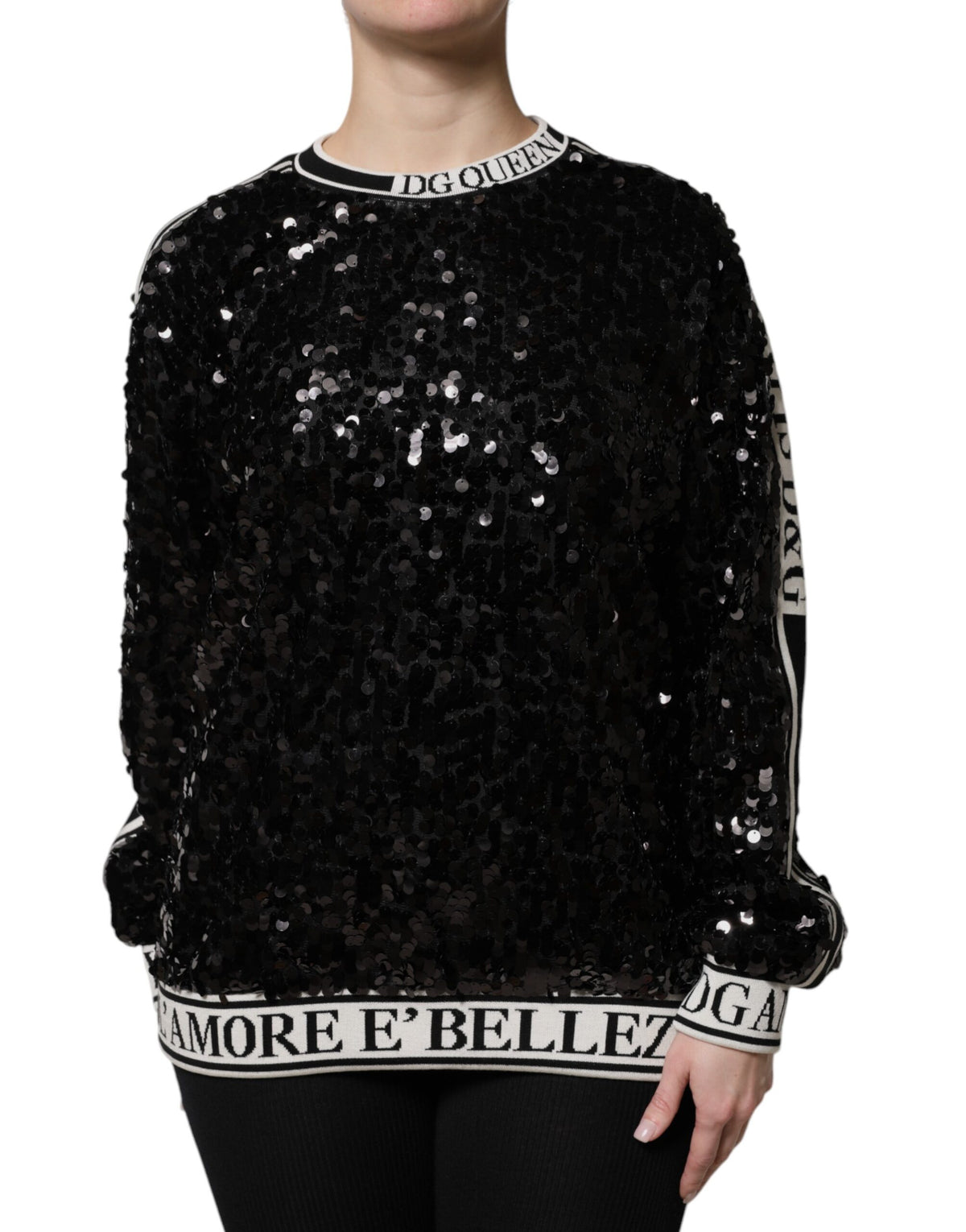 Dolce & Gabbana Black DG Queen Sequin Pullover Sweater - Eljoys Fashion 