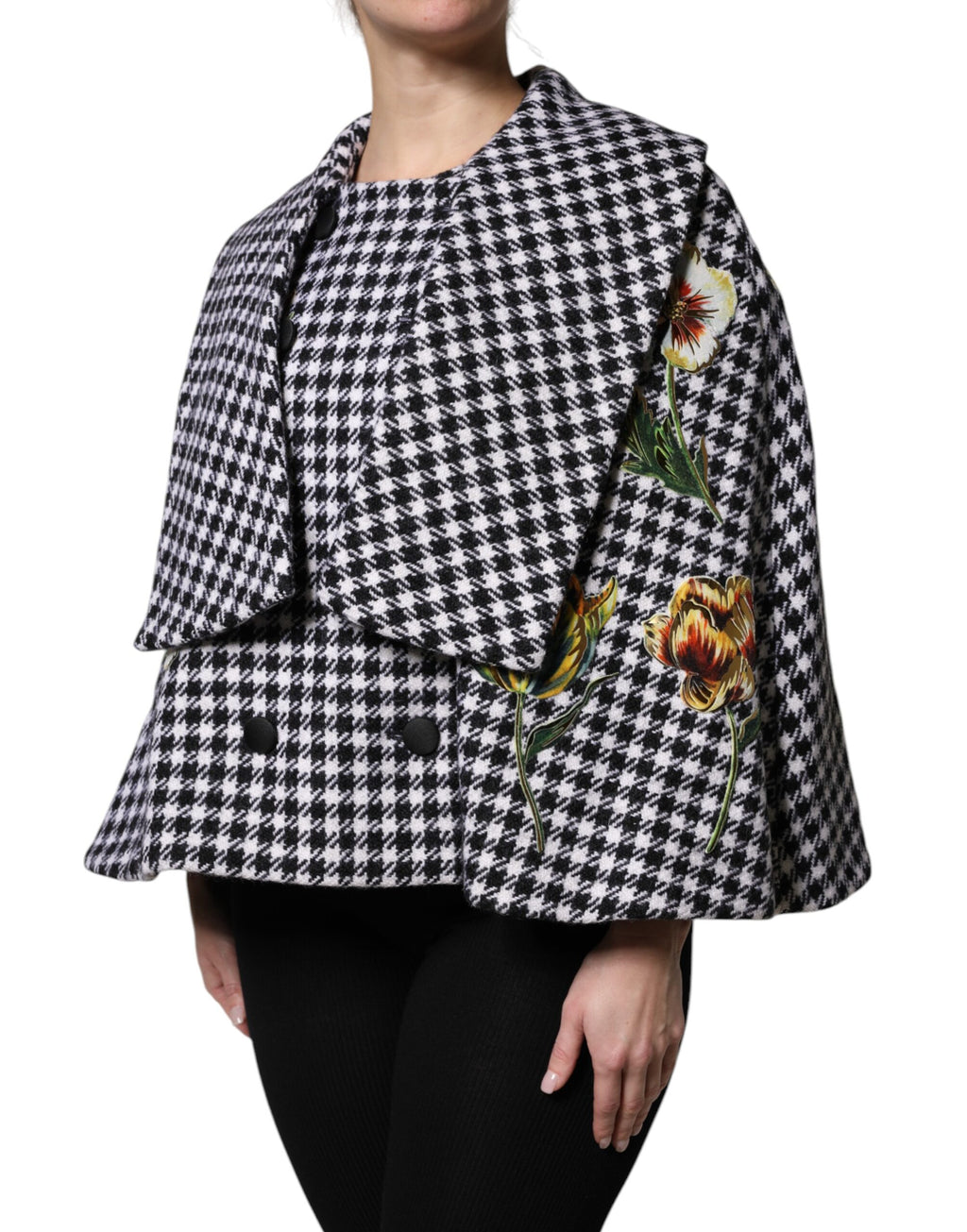 Dolce & Gabbana Black White Monochrome Patterned Floral Cape Jacket - Eljoys Fashion 