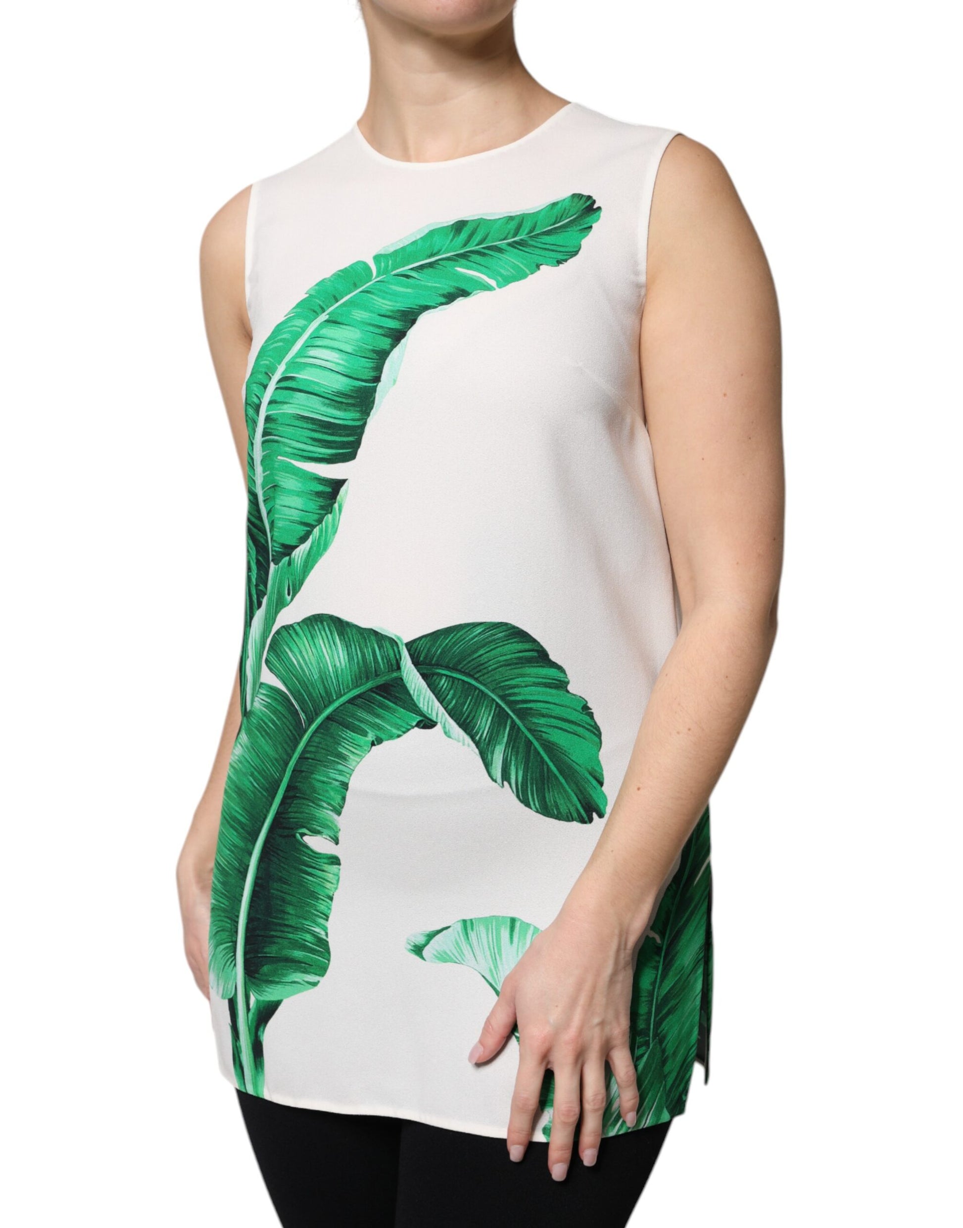 Dolce & Gabbana White Banana Leaf Print Round Neck Tank Top Dolce & Gabbana