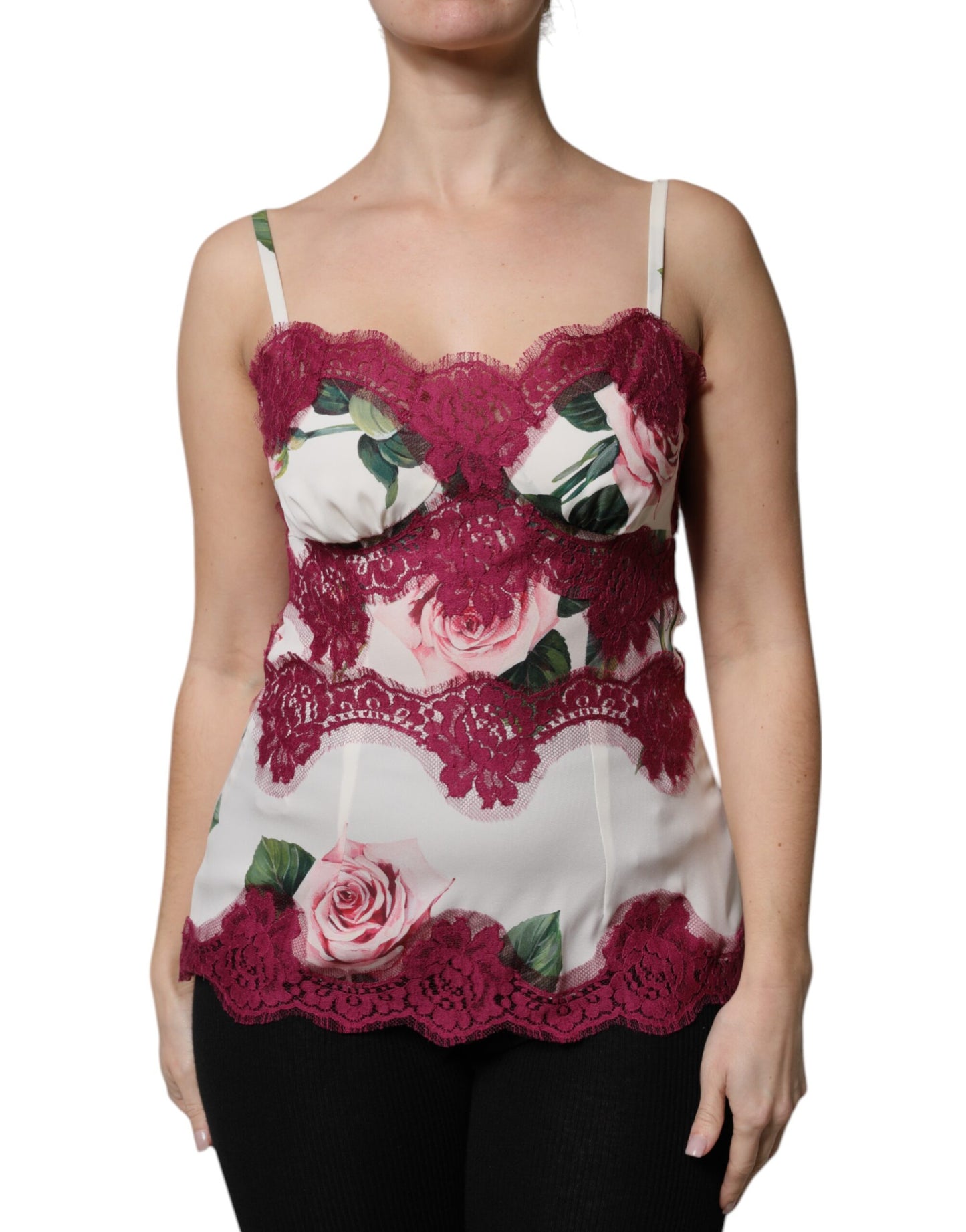 Dolce & Gabbana White Rose Print Satin Lace Tank Top Lingerie Dolce & Gabbana