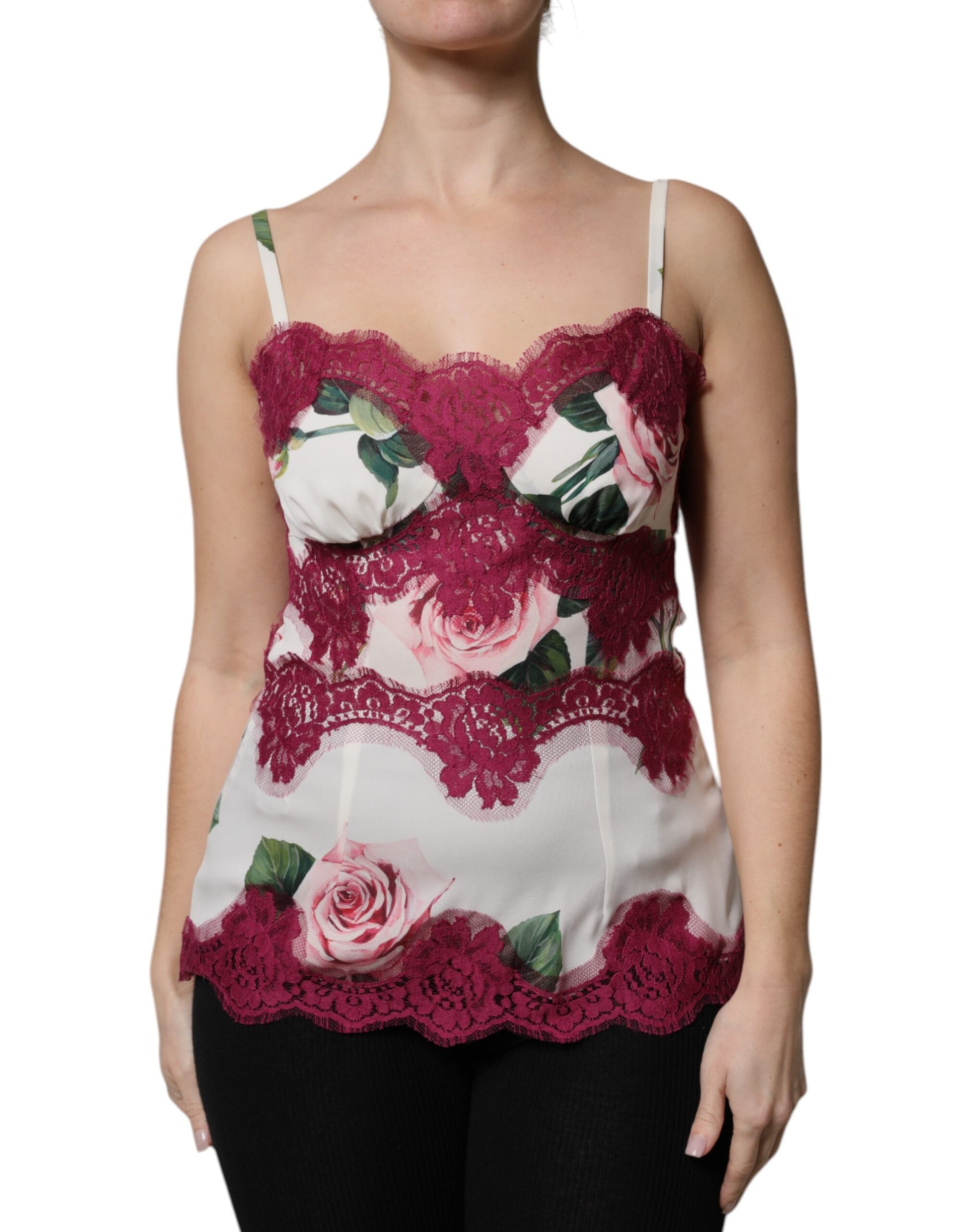 Dolce & Gabbana White Rose Print Satin Lace Tank Top Lingerie Dolce & Gabbana