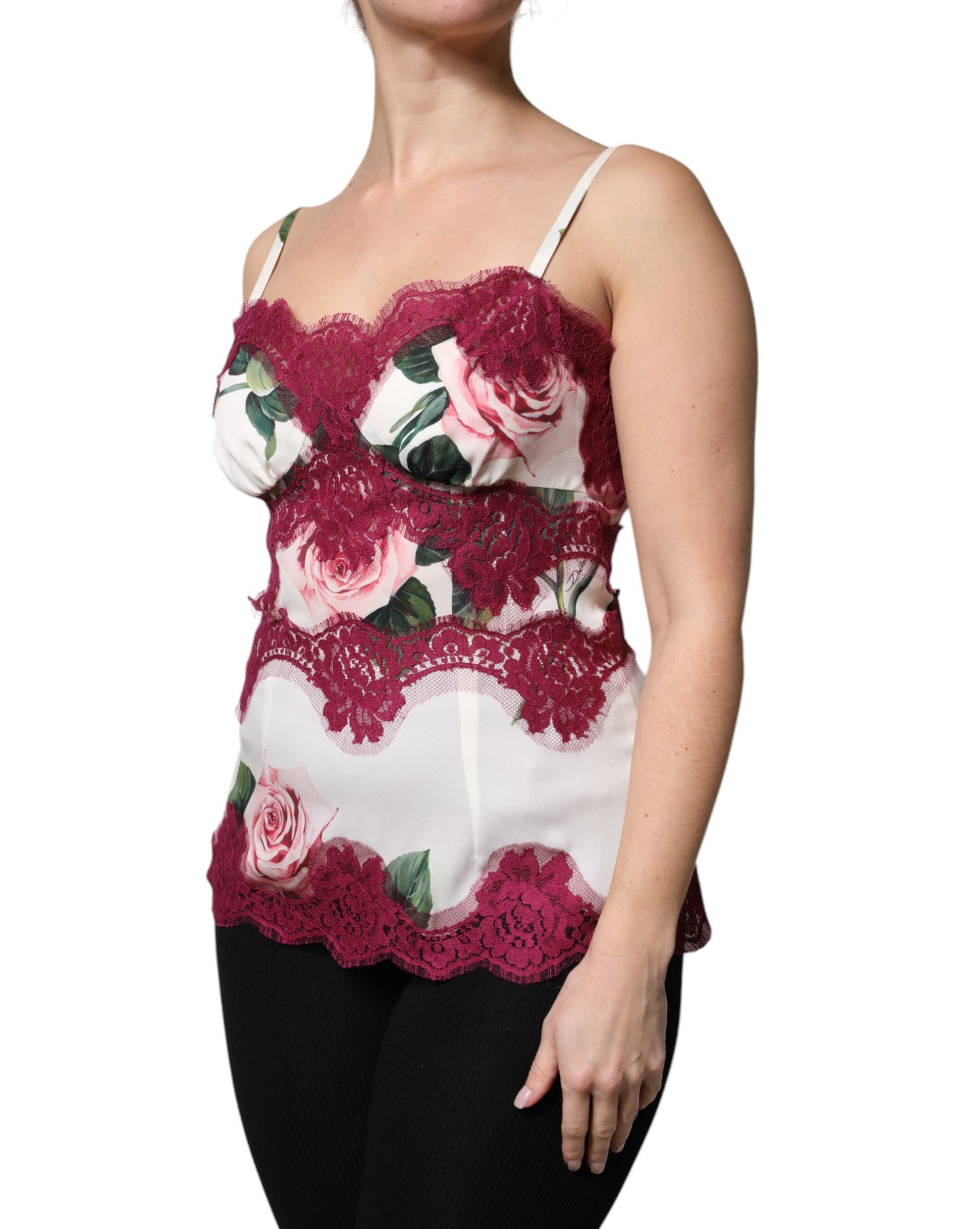 Dolce & Gabbana White Rose Print Satin Lace Tank Top Lingerie Dolce & Gabbana