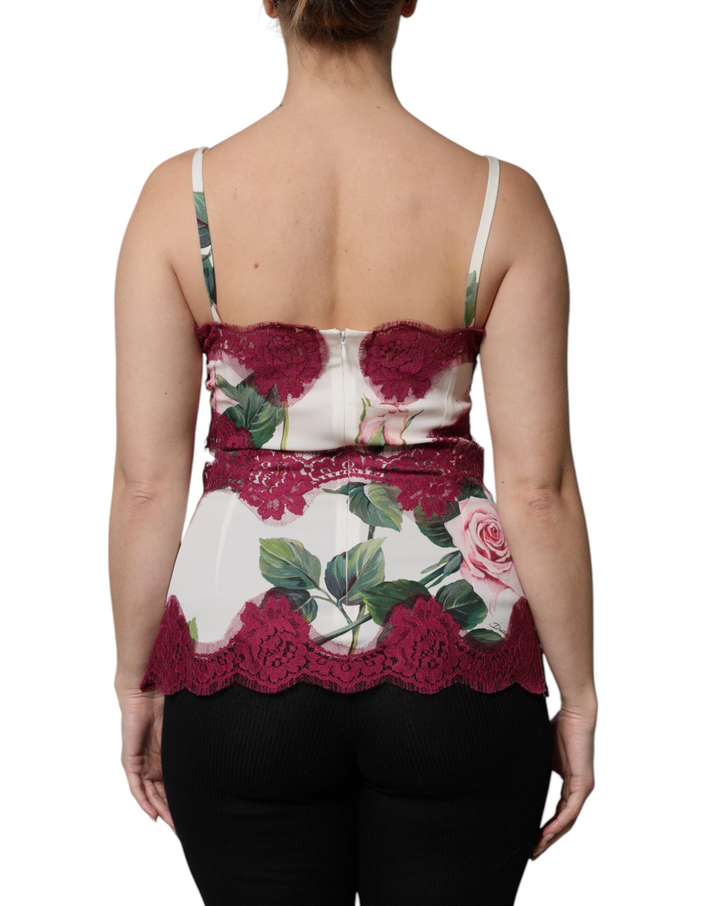Dolce & Gabbana White Rose Print Satin Lace Tank Top Lingerie Dolce & Gabbana