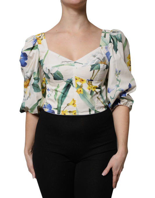 Dolce & Gabbana White Floral Puff Sleeves Crop Blouse Top Dolce & Gabbana