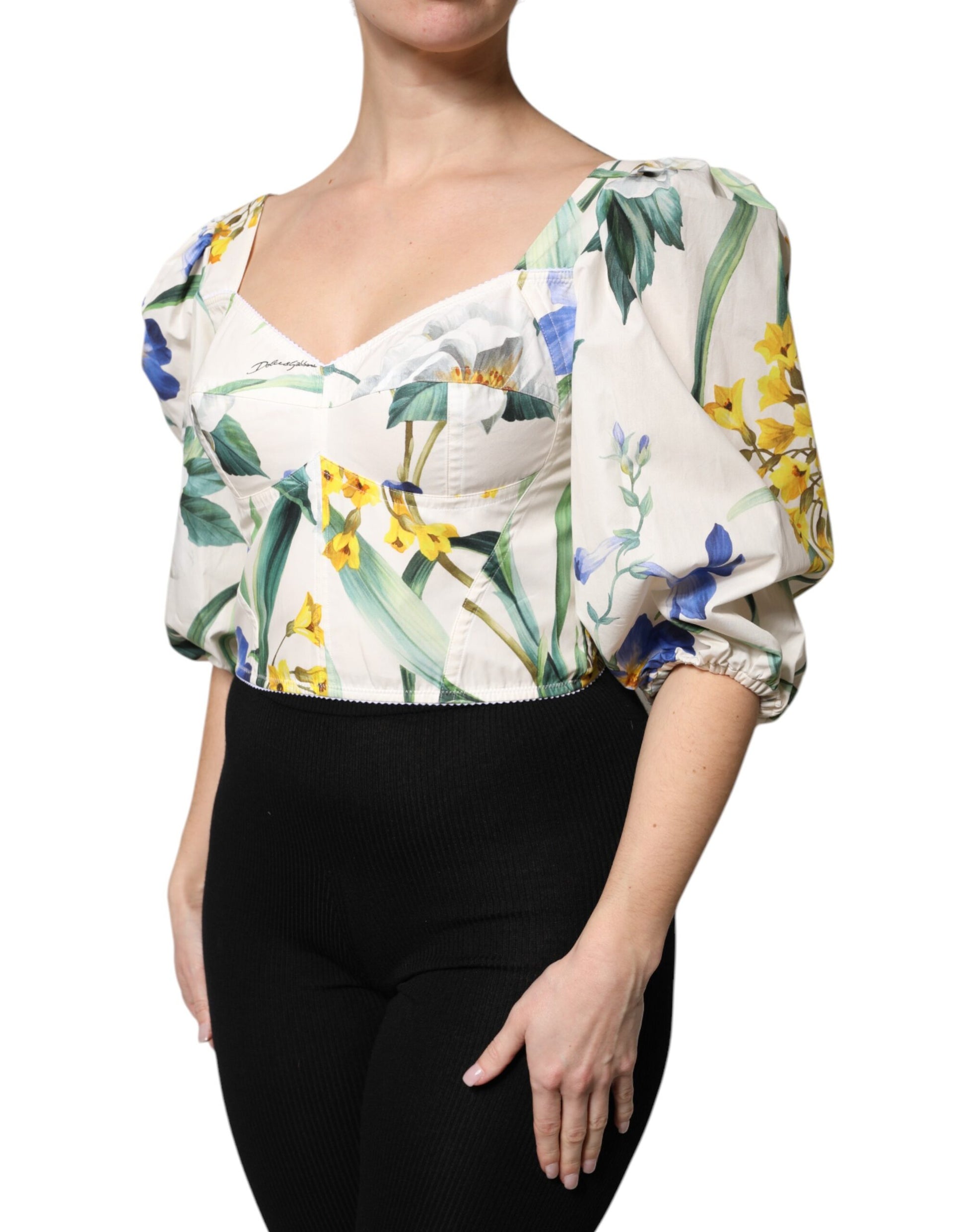 Dolce & Gabbana White Floral Puff Sleeves Crop Blouse Top Dolce & Gabbana