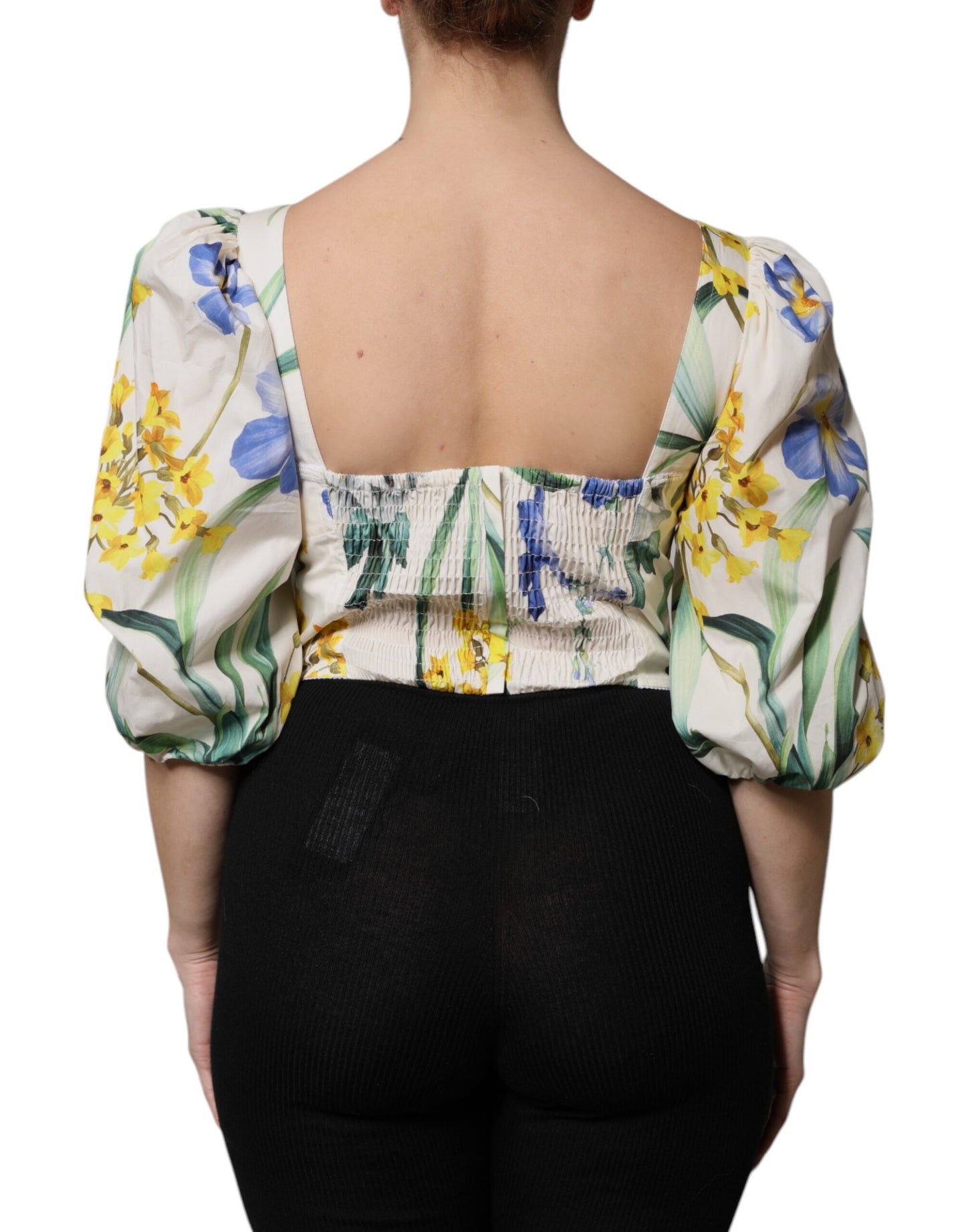 Dolce & Gabbana White Floral Puff Sleeves Crop Blouse Top Dolce & Gabbana
