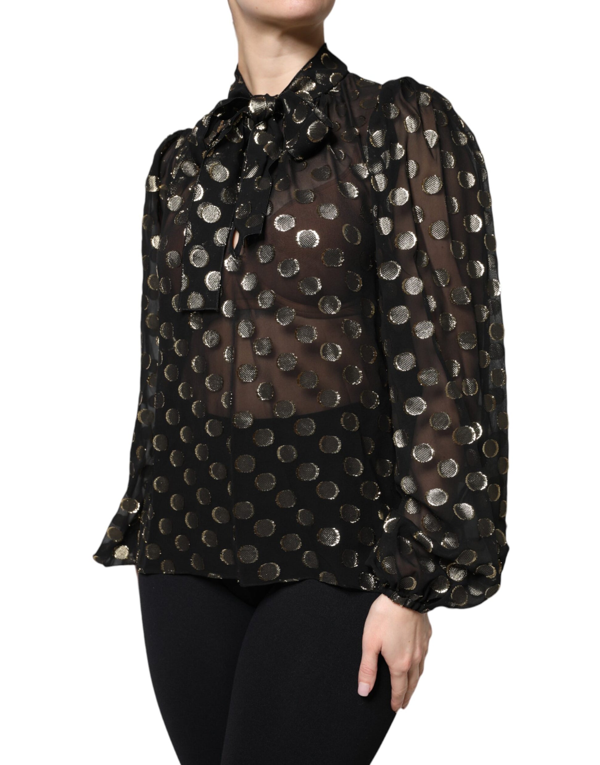 Dolce & Gabbana Black Sheer Tied Neck Polka Dots Blouse Top Dolce & Gabbana
