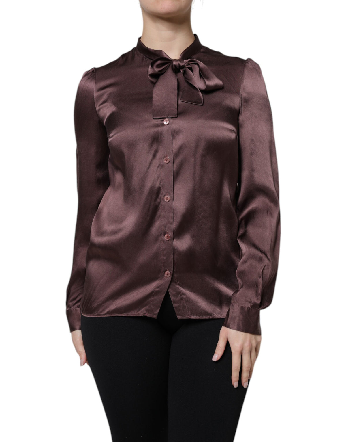 Dolce & Gabbana Brown Ascot Collar Long Sleeve Blouse Top - Eljoys Fashion 