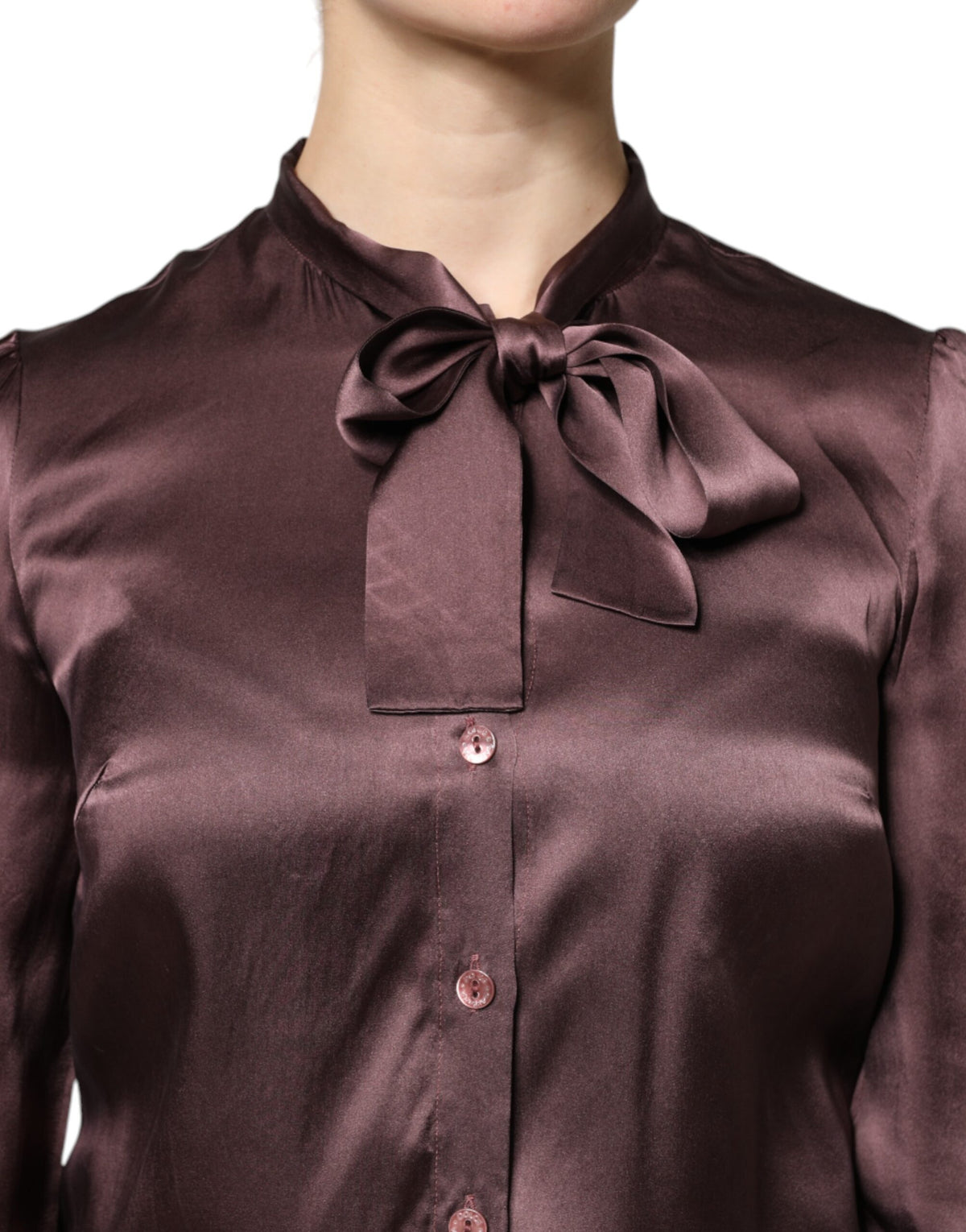Dolce & Gabbana Brown Ascot Collar Long Sleeve Blouse Top - Eljoys Fashion 