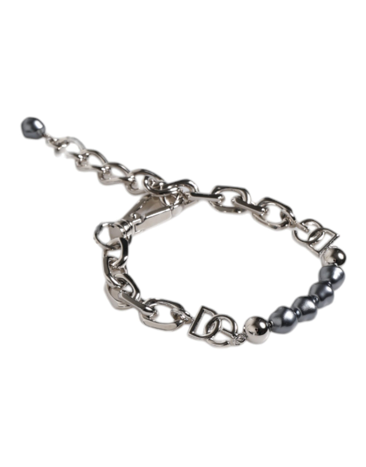 Dolce & Gabbana Silver Tone Chain Lobster Clasp Logo Gray Pearls Bracelet - Eljoys Fashion 