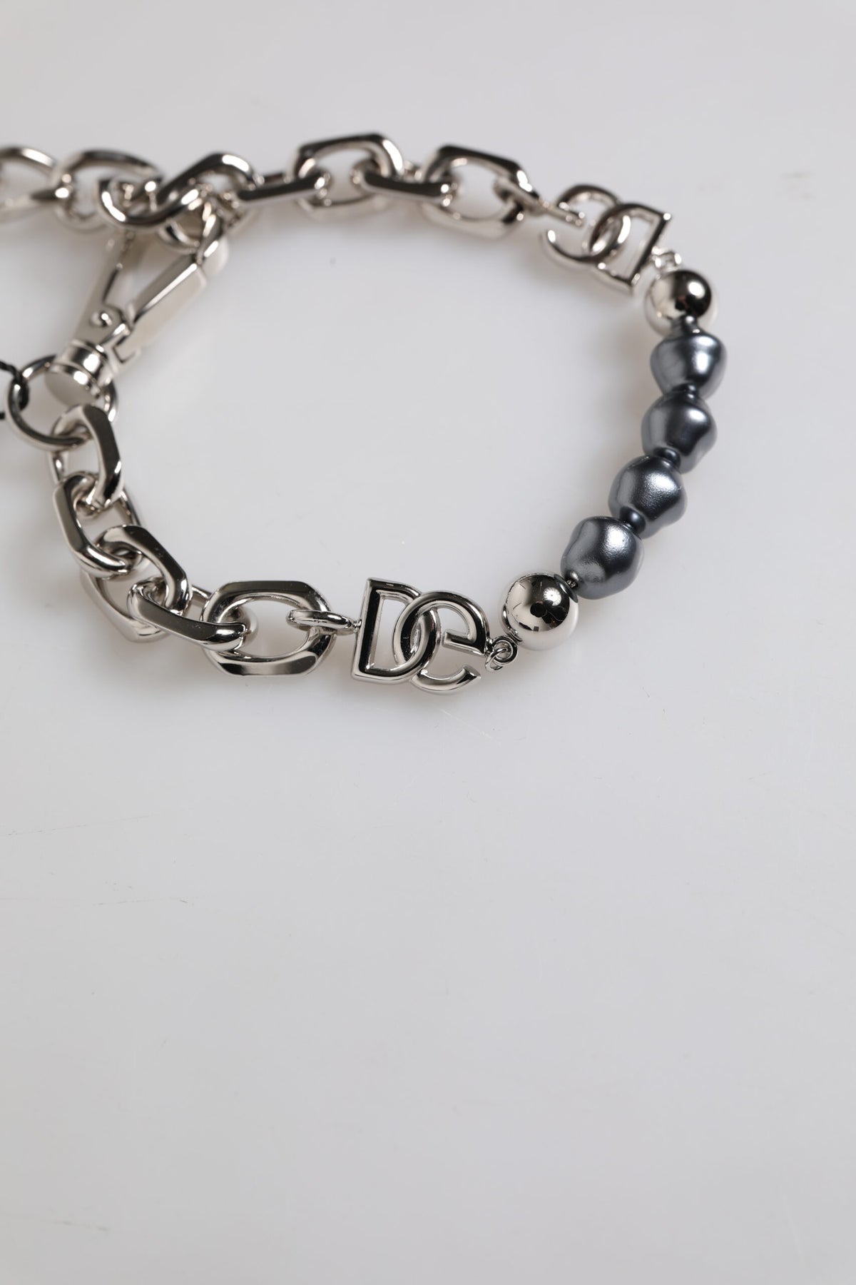 Dolce & Gabbana Silver Tone Chain Lobster Clasp Logo Gray Pearls Bracelet - Eljoys Fashion 
