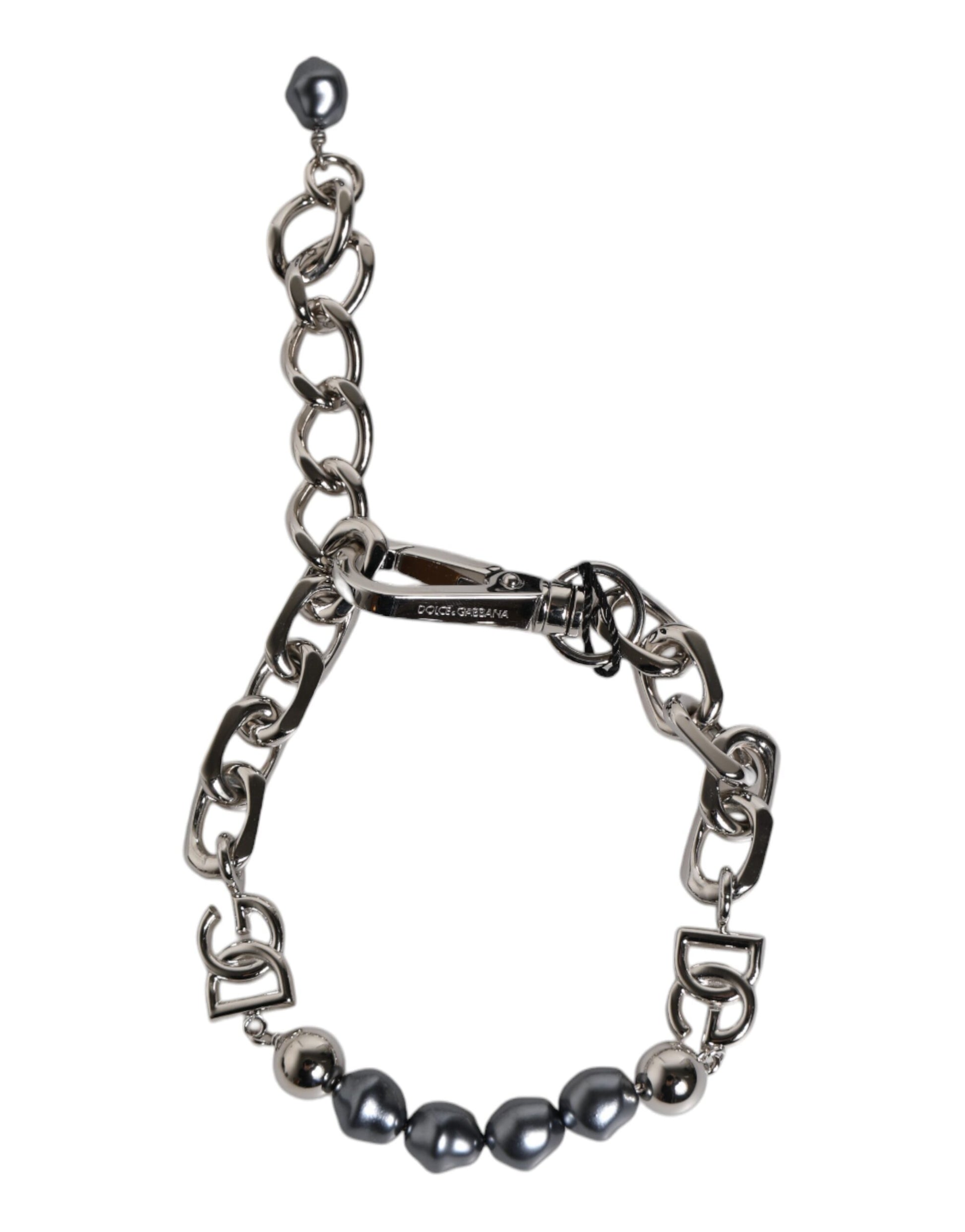 Dolce & Gabbana Silver Tone Chain Lobster Clasp Logo Gray Pearls Bracelet Dolce & Gabbana