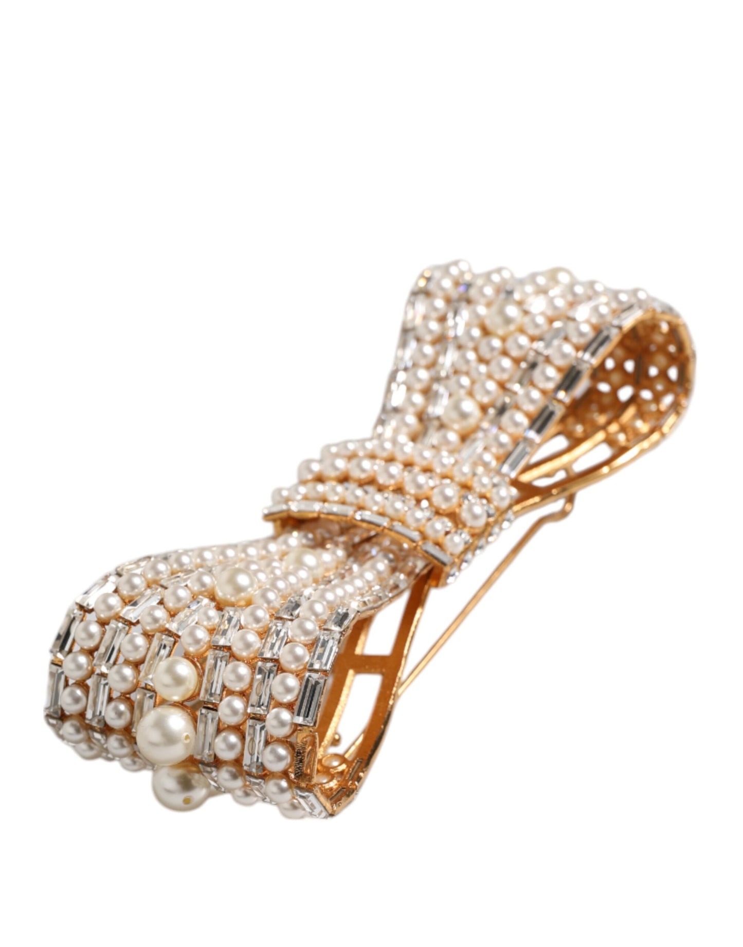 Dolce & Gabbana Gold Tone Brass Bow Crystal FauxPearl Embellished Brooch Dolce & Gabbana