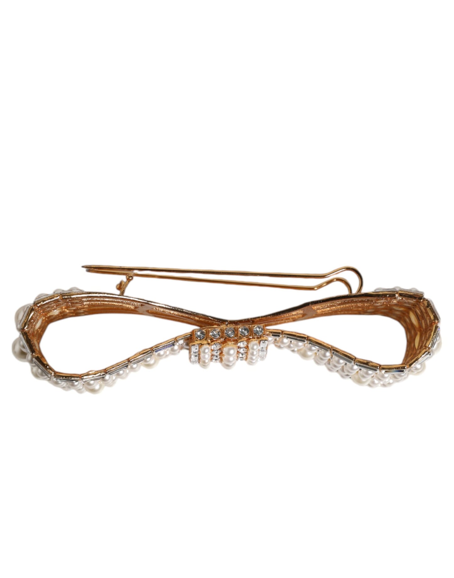 Dolce & Gabbana Gold Tone Brass Bow Crystal FauxPearl Embellished Brooch Dolce & Gabbana