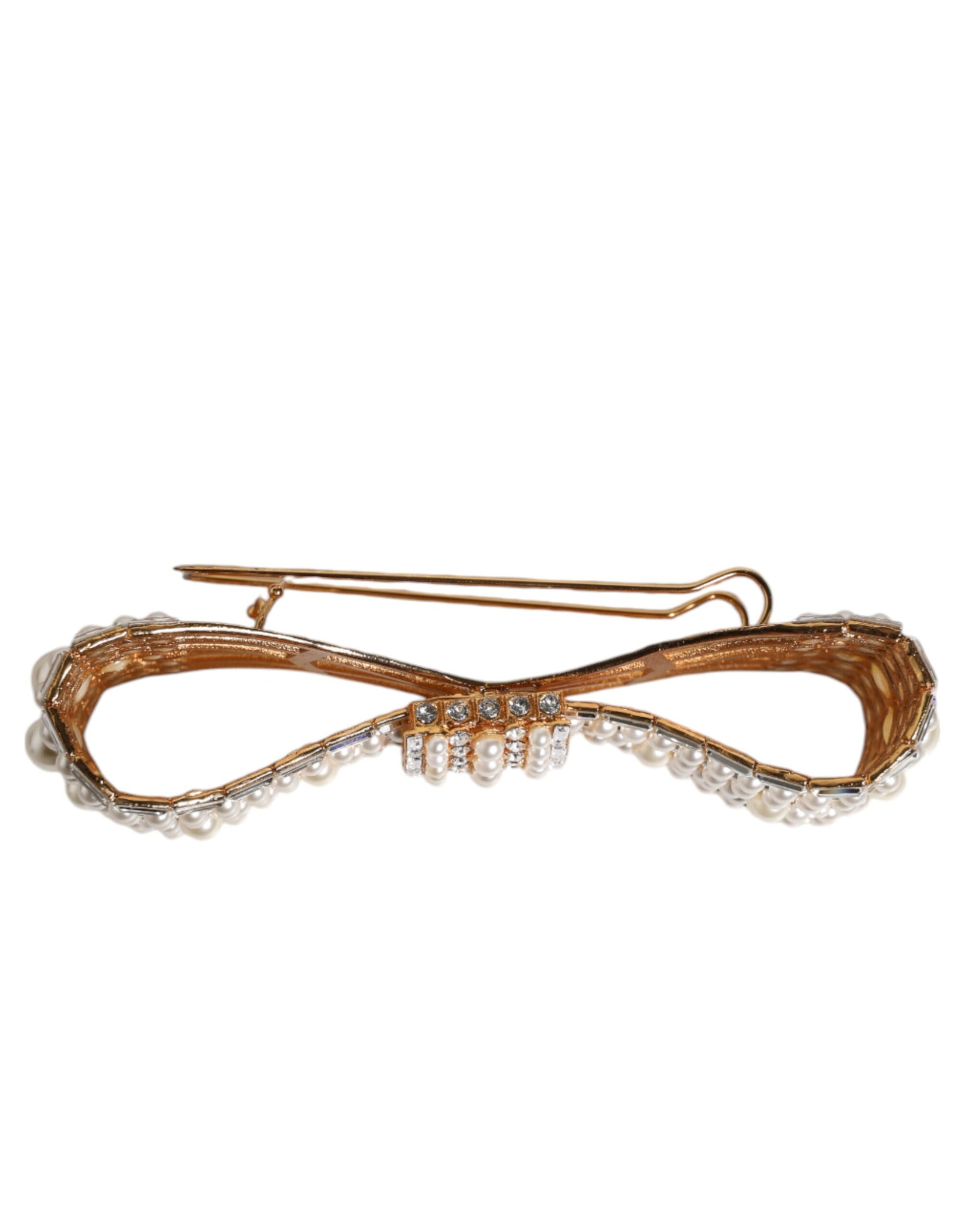 Dolce & Gabbana Gold Tone Brass Bow Crystal FauxPearl Embellished Brooch Dolce & Gabbana