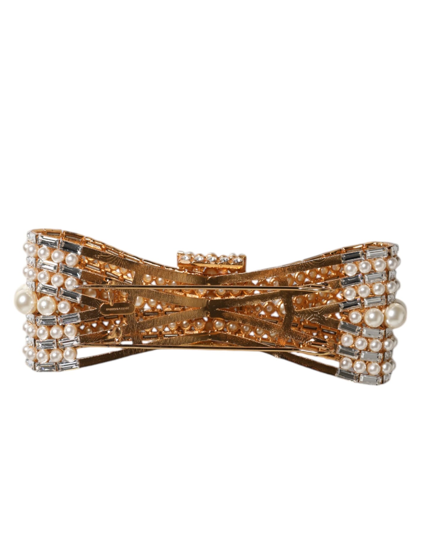 Dolce & Gabbana Gold Tone Brass Bow Crystal FauxPearl Embellished Brooch Dolce & Gabbana