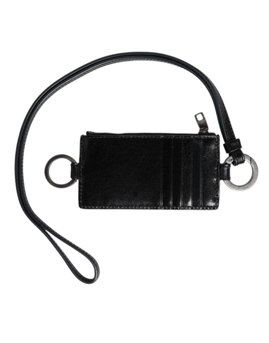 Dolce & Gabbana Black Leather Logo Embossed Lanyard Card Holder Wallet Dolce & Gabbana