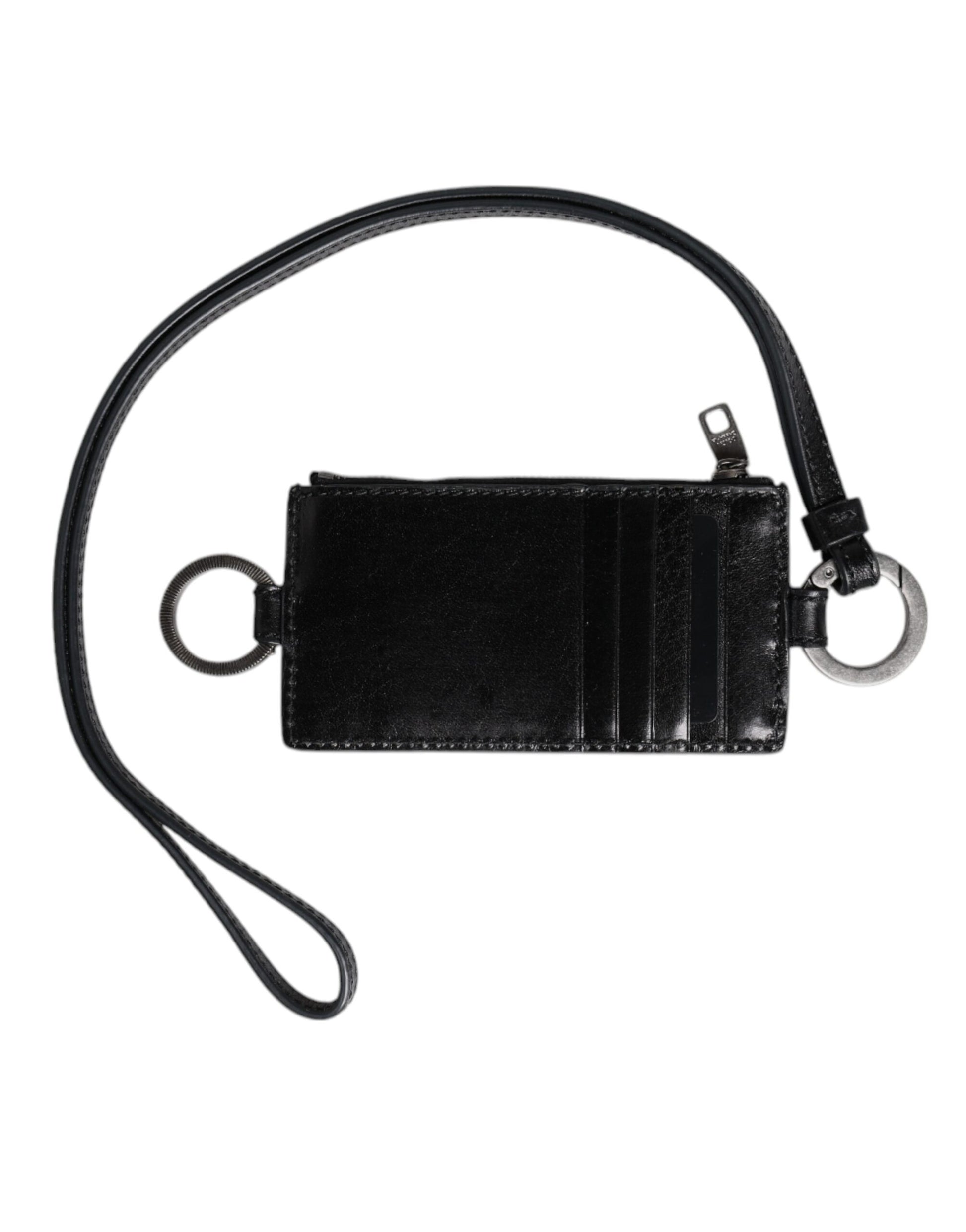 Dolce & Gabbana Black Leather Logo Embossed Lanyard Card Holder Wallet Dolce & Gabbana