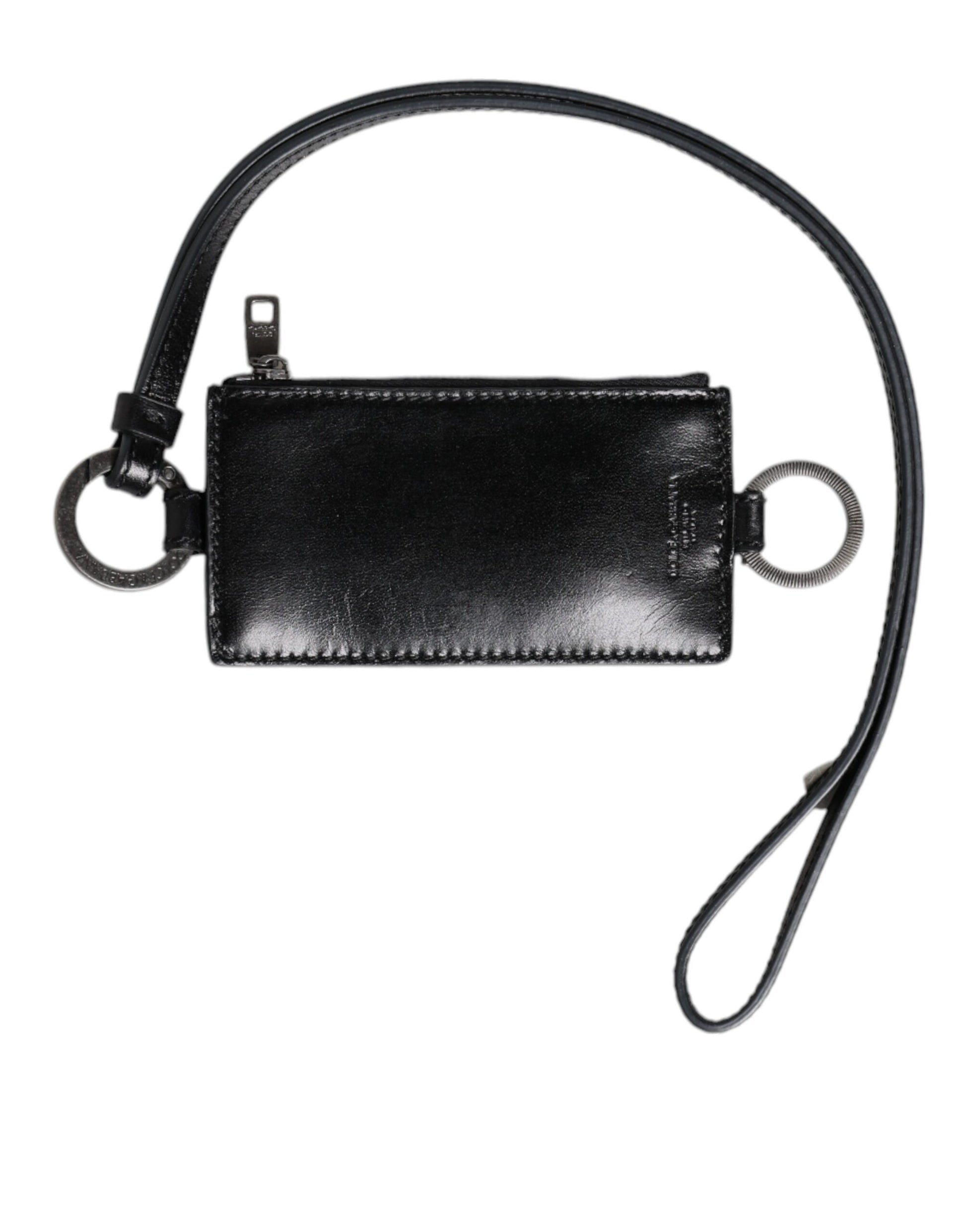 Dolce & Gabbana Black Leather Logo Embossed Lanyard Card Holder Wallet Dolce & Gabbana