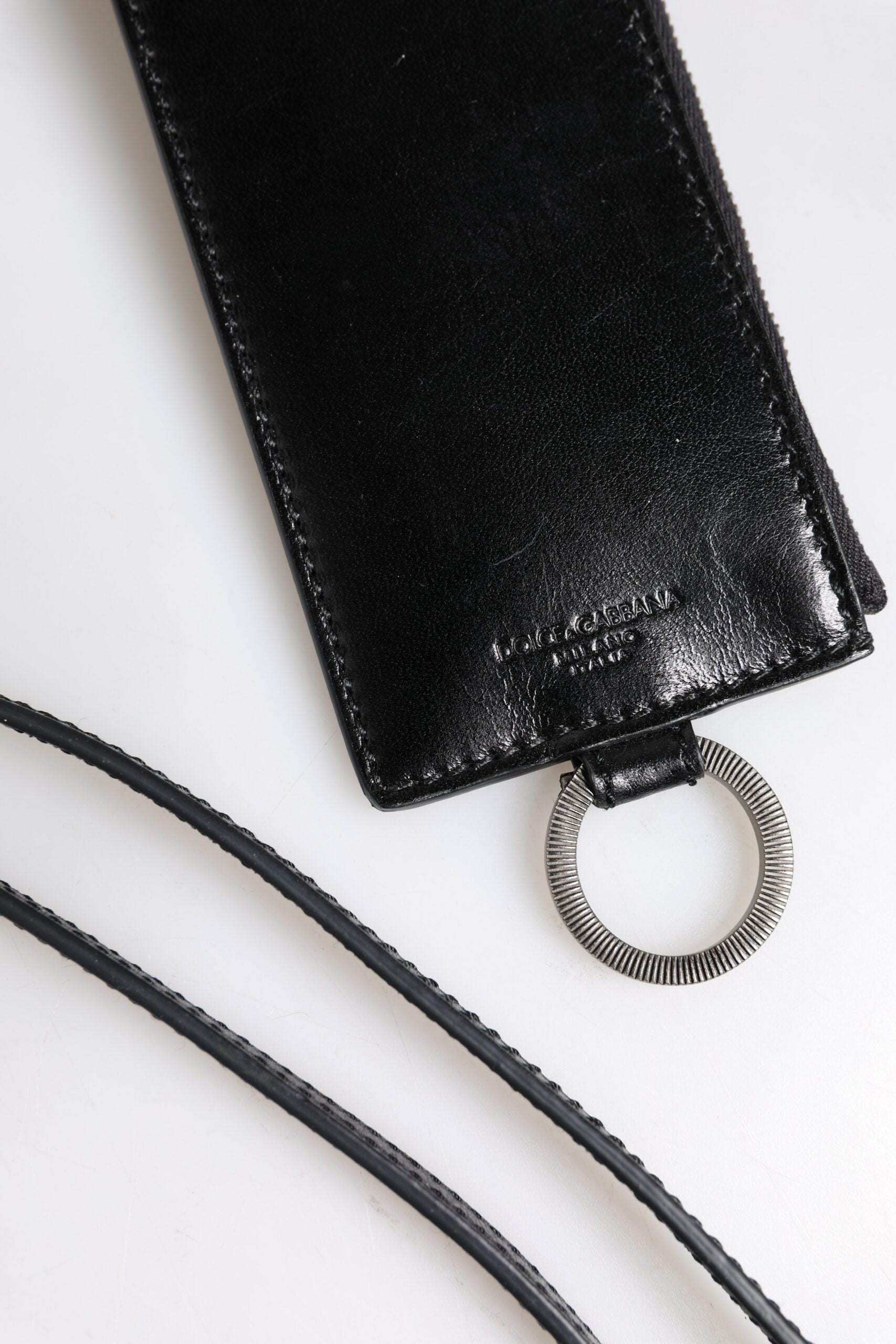 Dolce & Gabbana Black Leather Logo Embossed Lanyard Card Holder Wallet Dolce & Gabbana