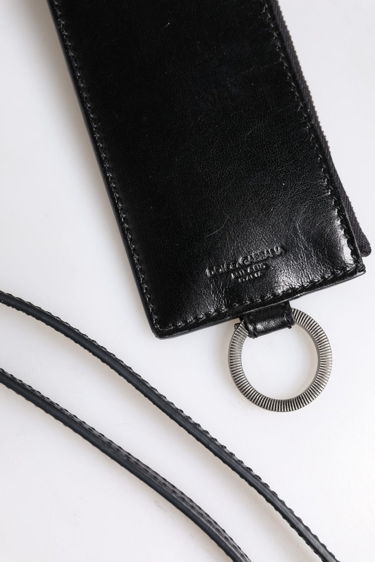 Dolce & Gabbana Black Leather Logo Embossed Lanyard Card Holder Wallet - Eljoys Fashion 