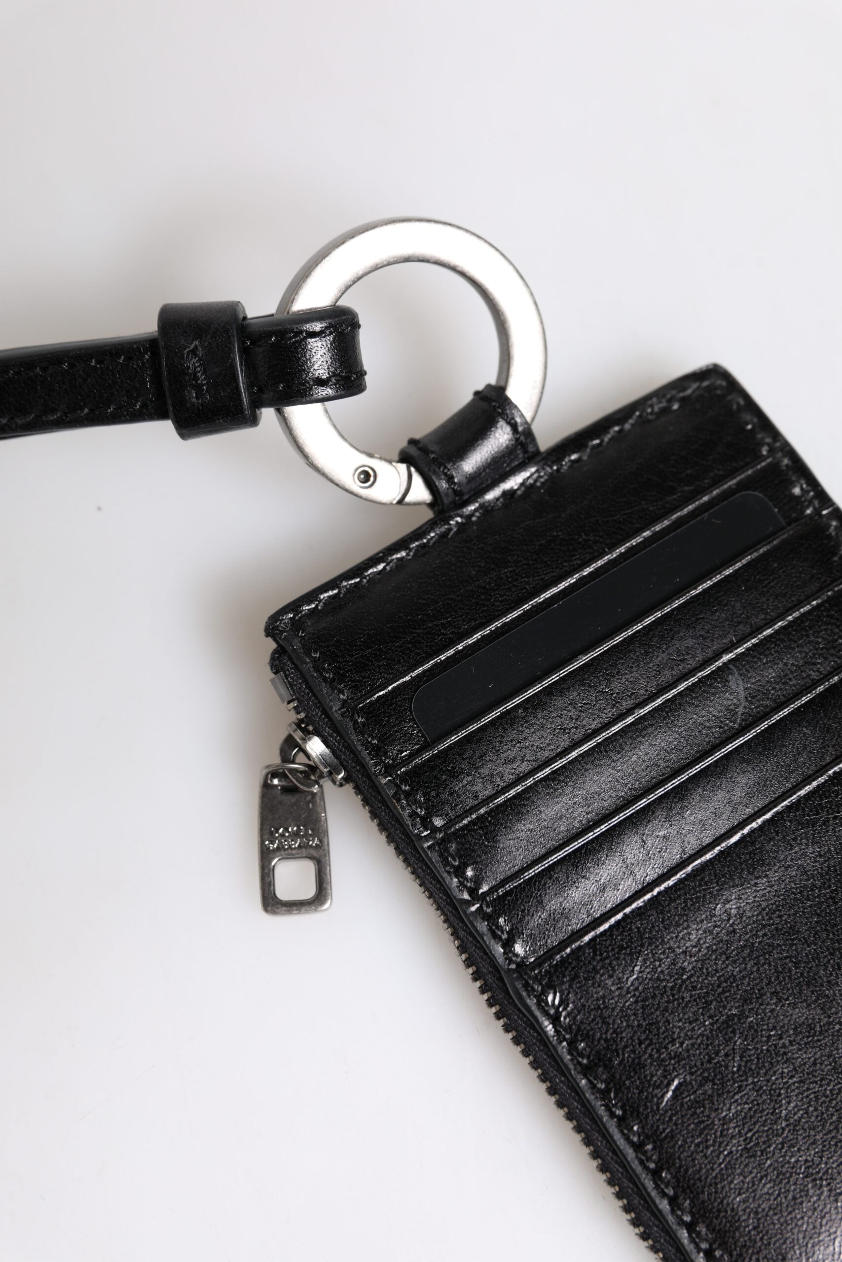 Dolce & Gabbana Black Leather Logo Embossed Lanyard Card Holder Wallet Dolce & Gabbana
