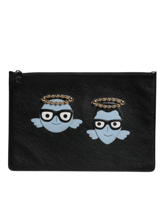 Dolce & Gabbana Black Leather #DGFAMILY Embellished Men Zip Pouch Bag Dolce & Gabbana