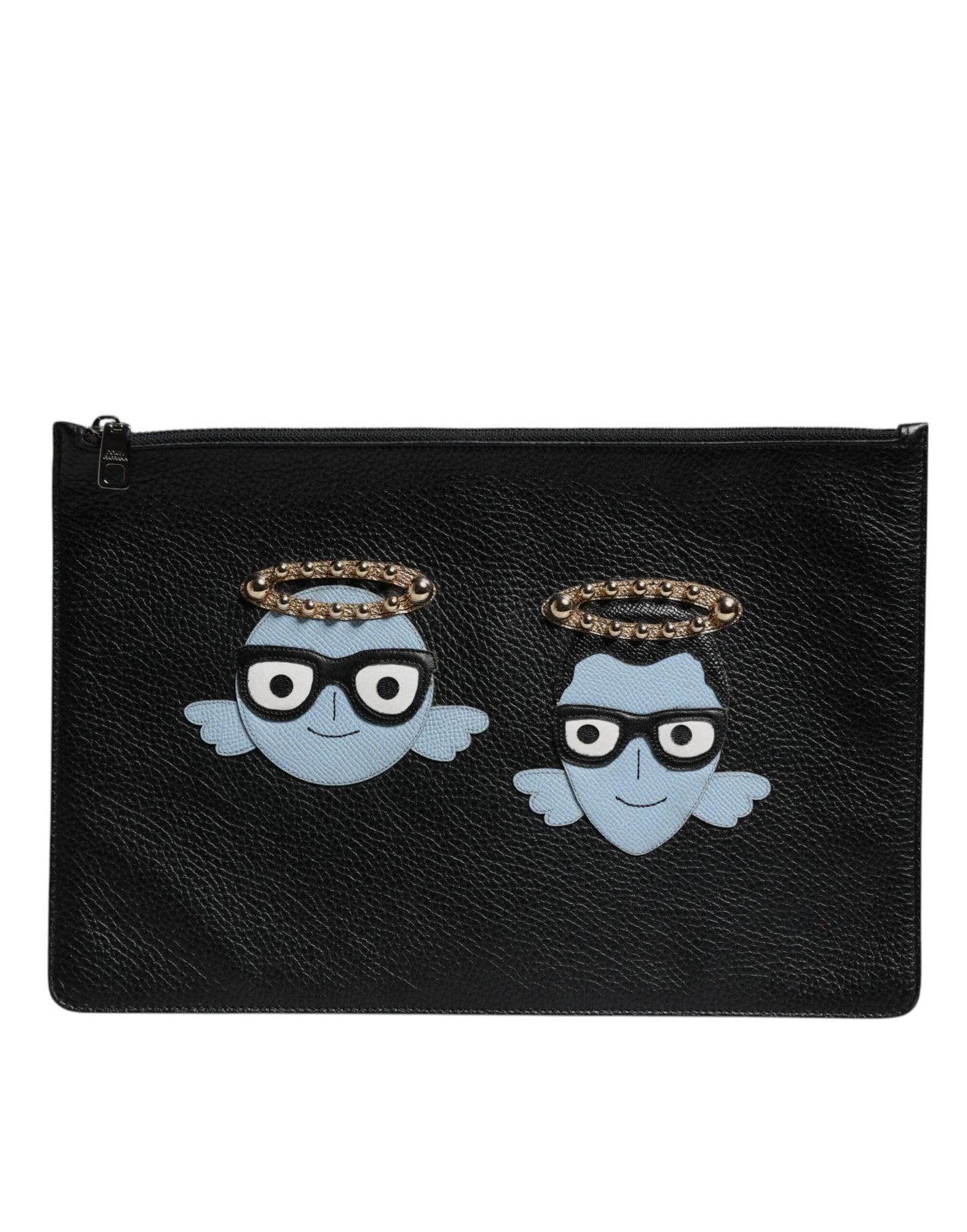 Dolce & Gabbana Black Leather #DGFAMILY Embellished Men Zip Pouch Bag Dolce & Gabbana