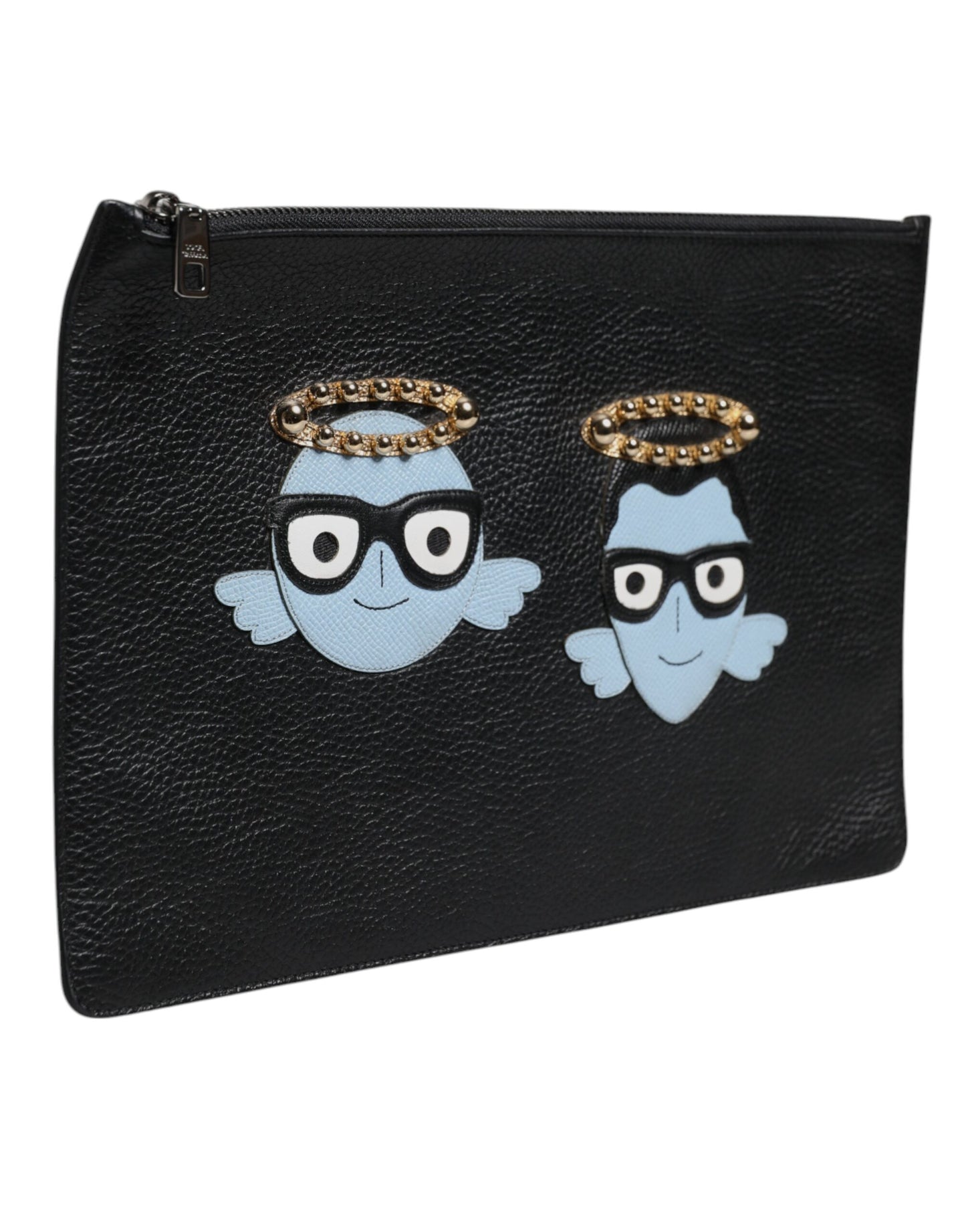 Dolce & Gabbana Black Leather #DGFAMILY Embellished Men Zip Pouch Bag Dolce & Gabbana