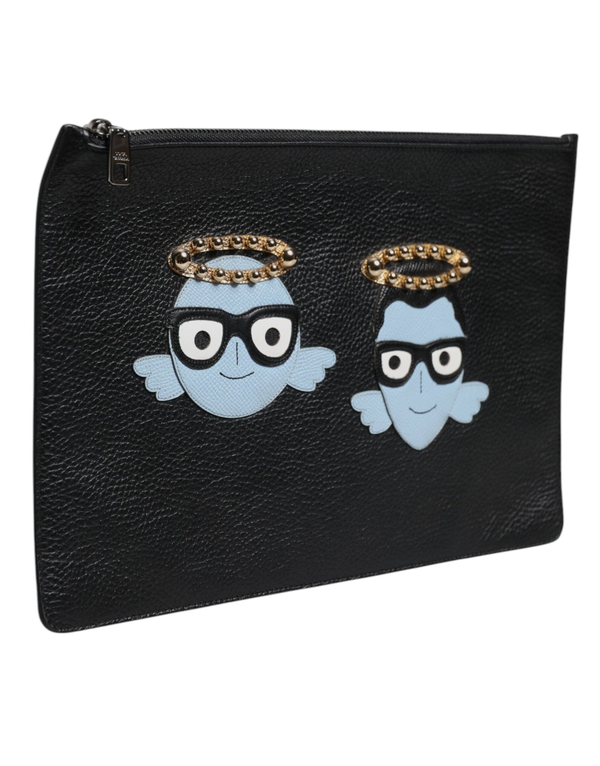 Dolce & Gabbana Black Leather #DGFAMILY Embellished Men Zip Pouch Bag Dolce & Gabbana