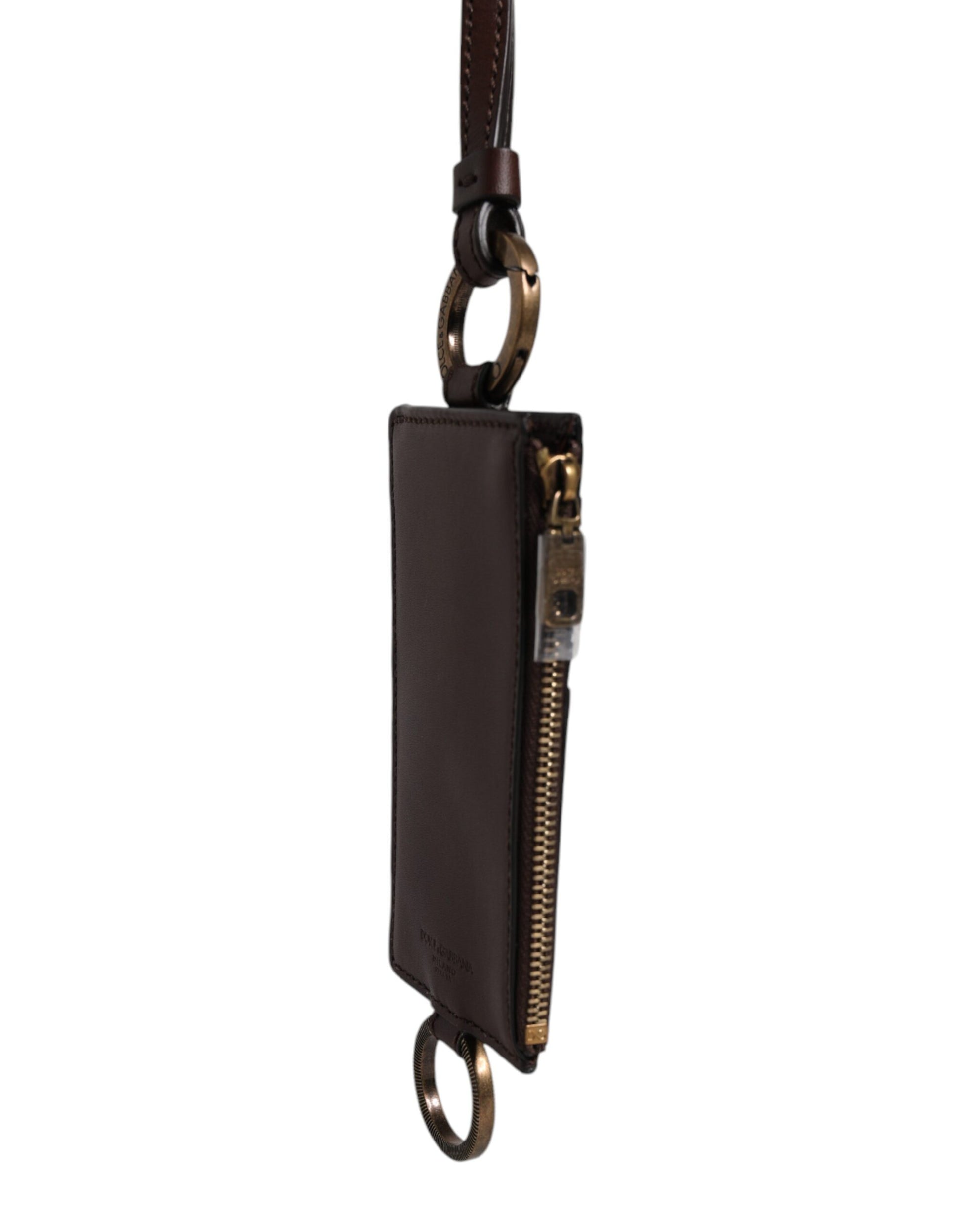 Dolce & Gabbana Brown Calf Leather Lanyard Logo Card Holder Wallet Dolce & Gabbana