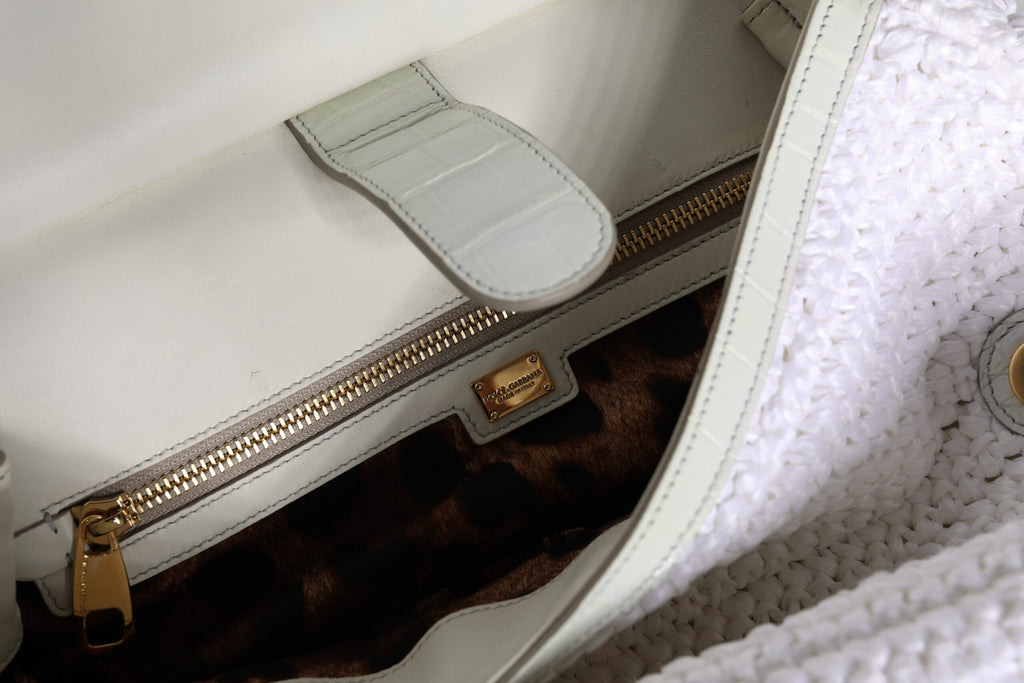 Dolce & Gabbana White Rafia Leather Top Handle Crossbody Bag - Eljoys Fashion 