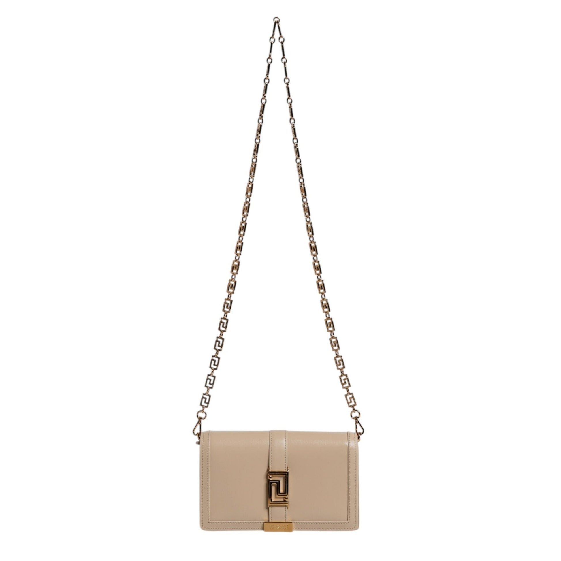 Versace Beige Gold Chain Calf Leather Wallet Crossbody Bag Versace