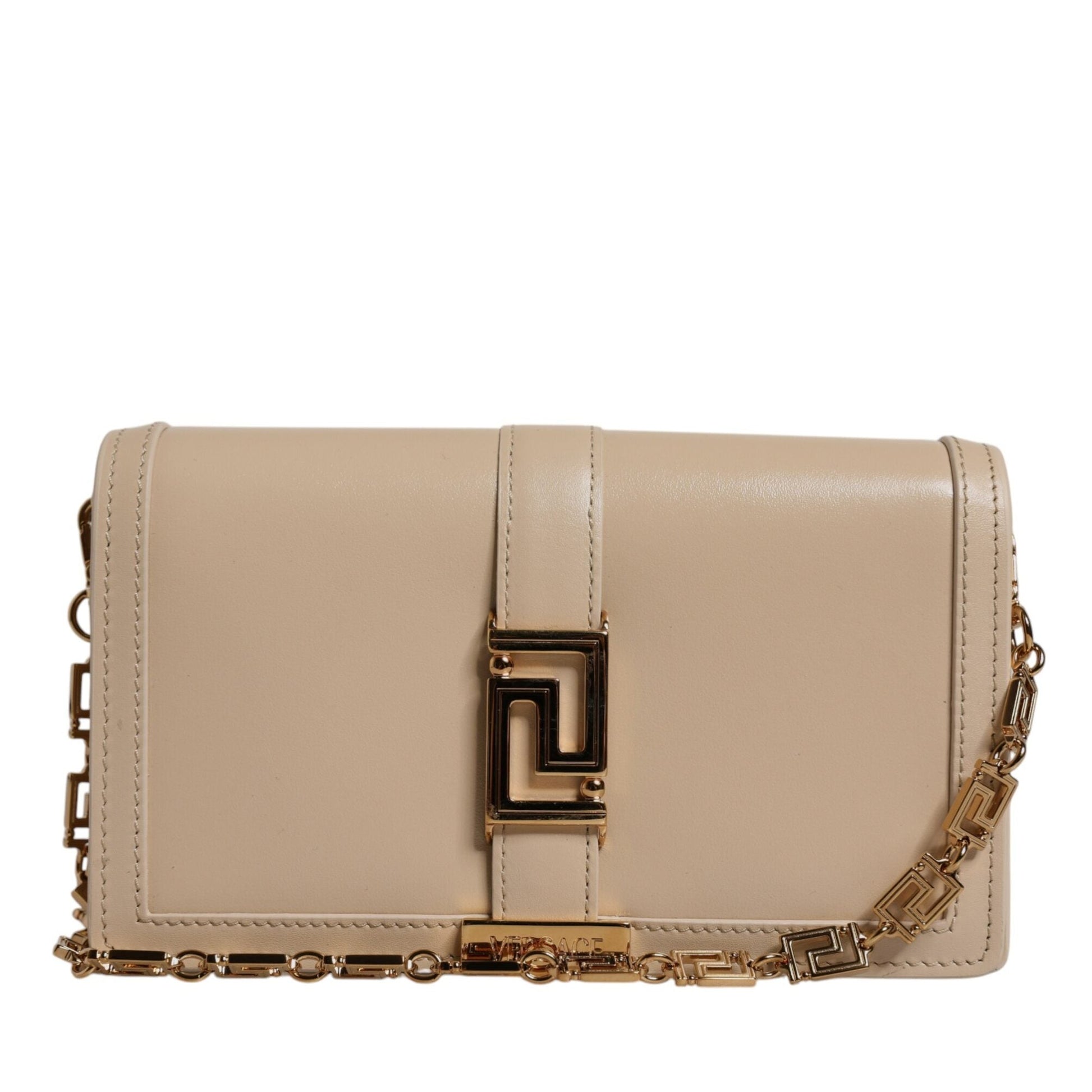 Versace Beige Gold Chain Calf Leather Wallet Crossbody Bag Versace