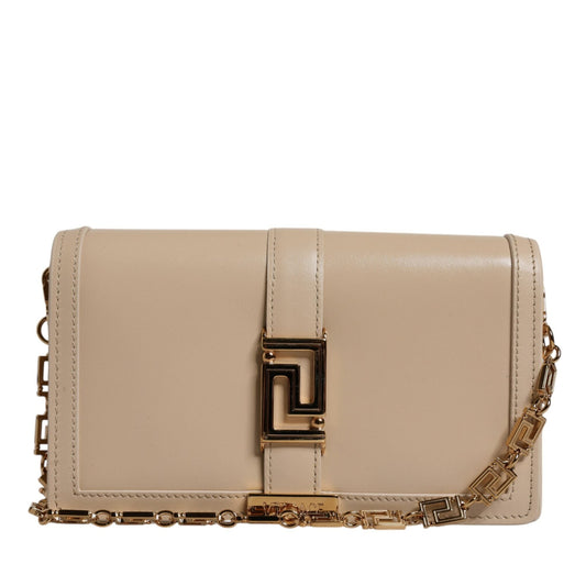 Versace Beige Gold Chain Calf Leather Wallet Crossbody Bag Versace