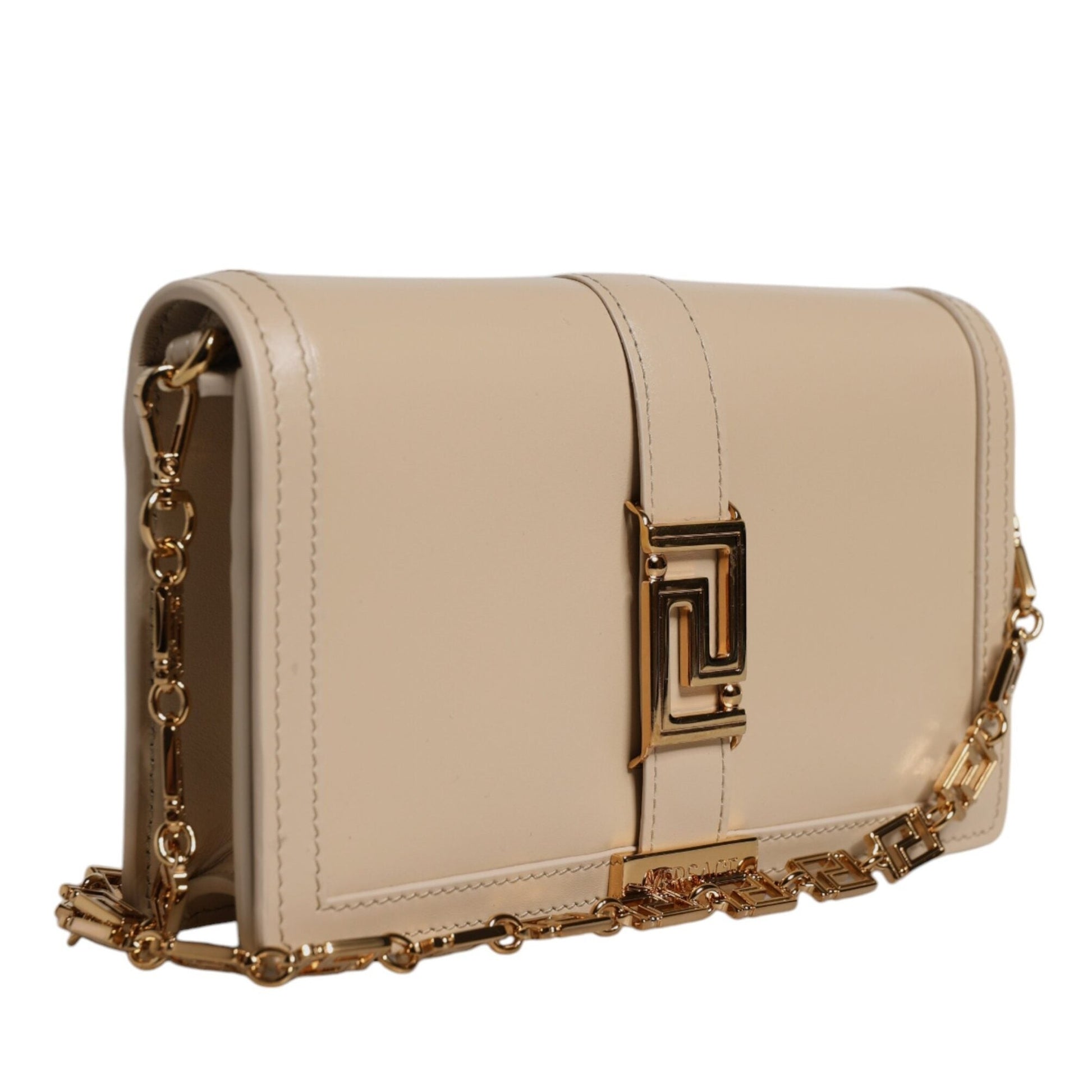 Versace Beige Gold Chain Calf Leather Wallet Crossbody Bag Versace