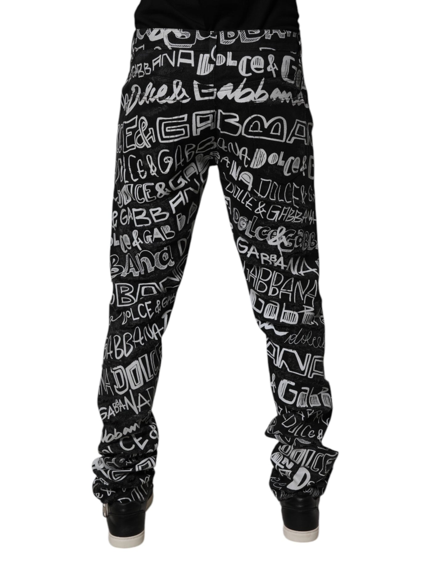 Dolce & Gabbana Black Cotton Logo Print Straight Denim Jeans Dolce & Gabbana