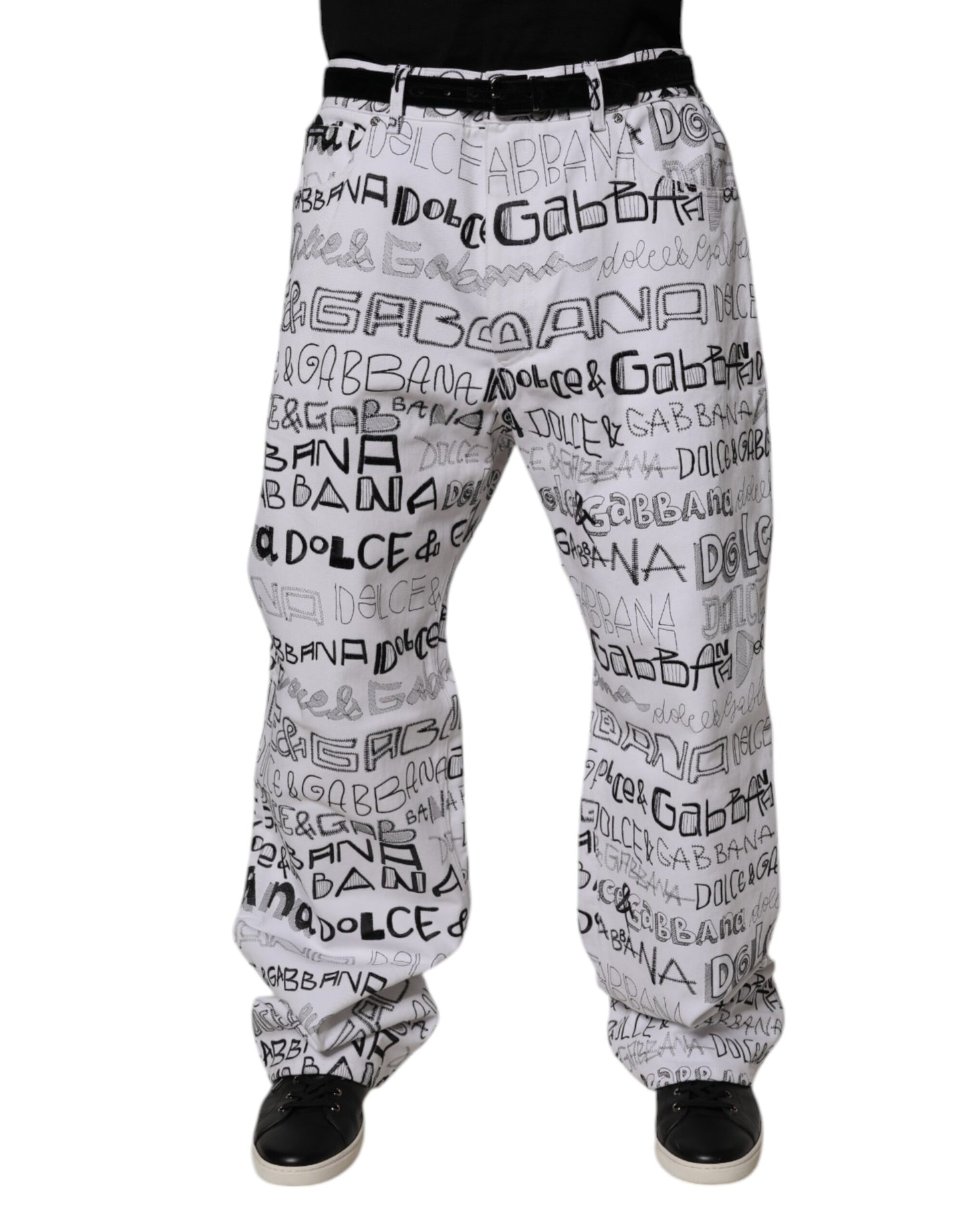 Dolce & Gabbana White Logo Print Straight Men Denim Jeans Dolce & Gabbana