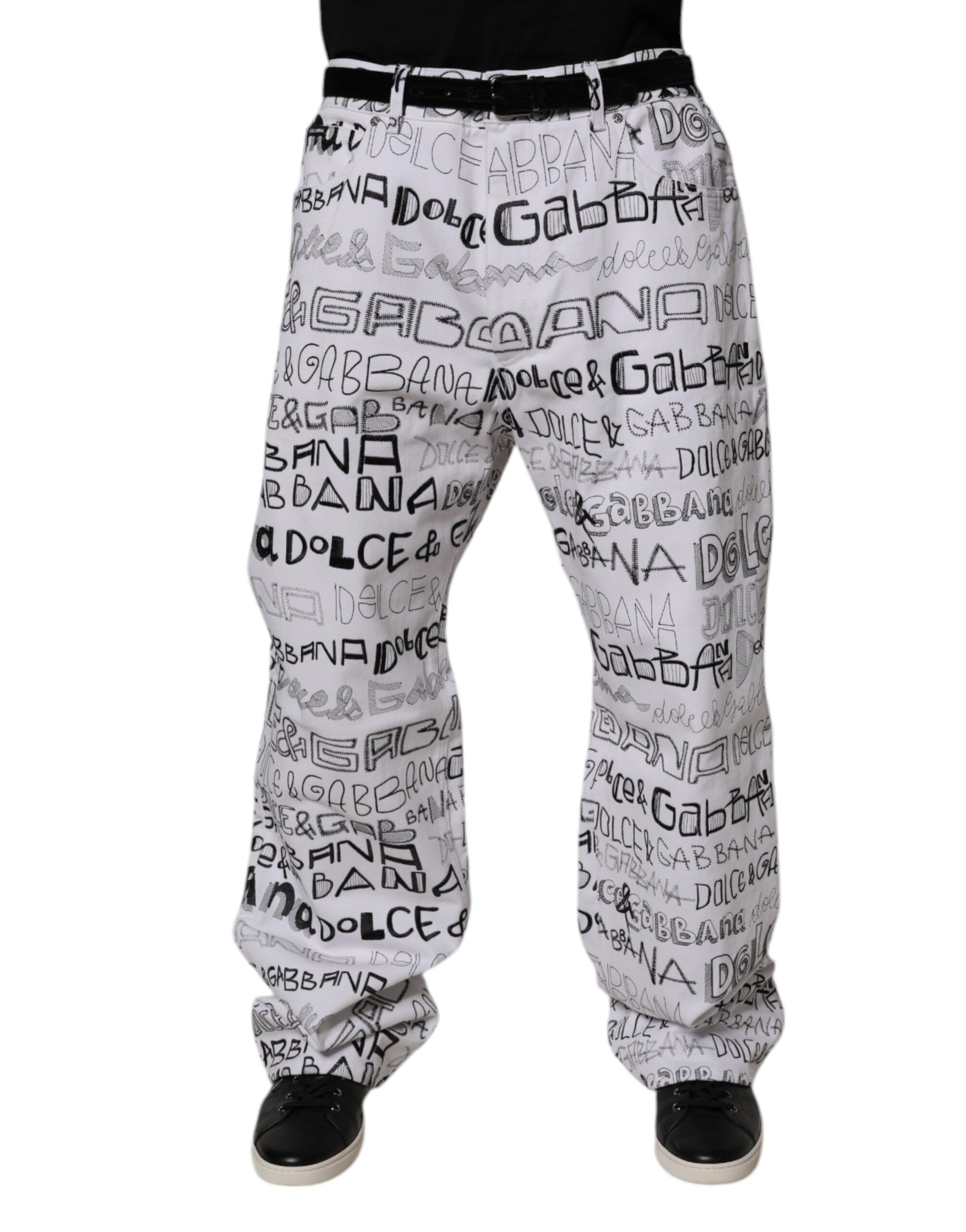 Dolce & Gabbana White Logo Print Straight Men Denim Jeans Dolce & Gabbana
