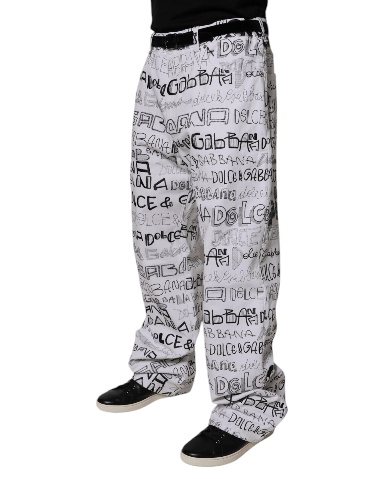 Dolce & Gabbana White Logo Print Straight Men Denim Jeans Dolce & Gabbana