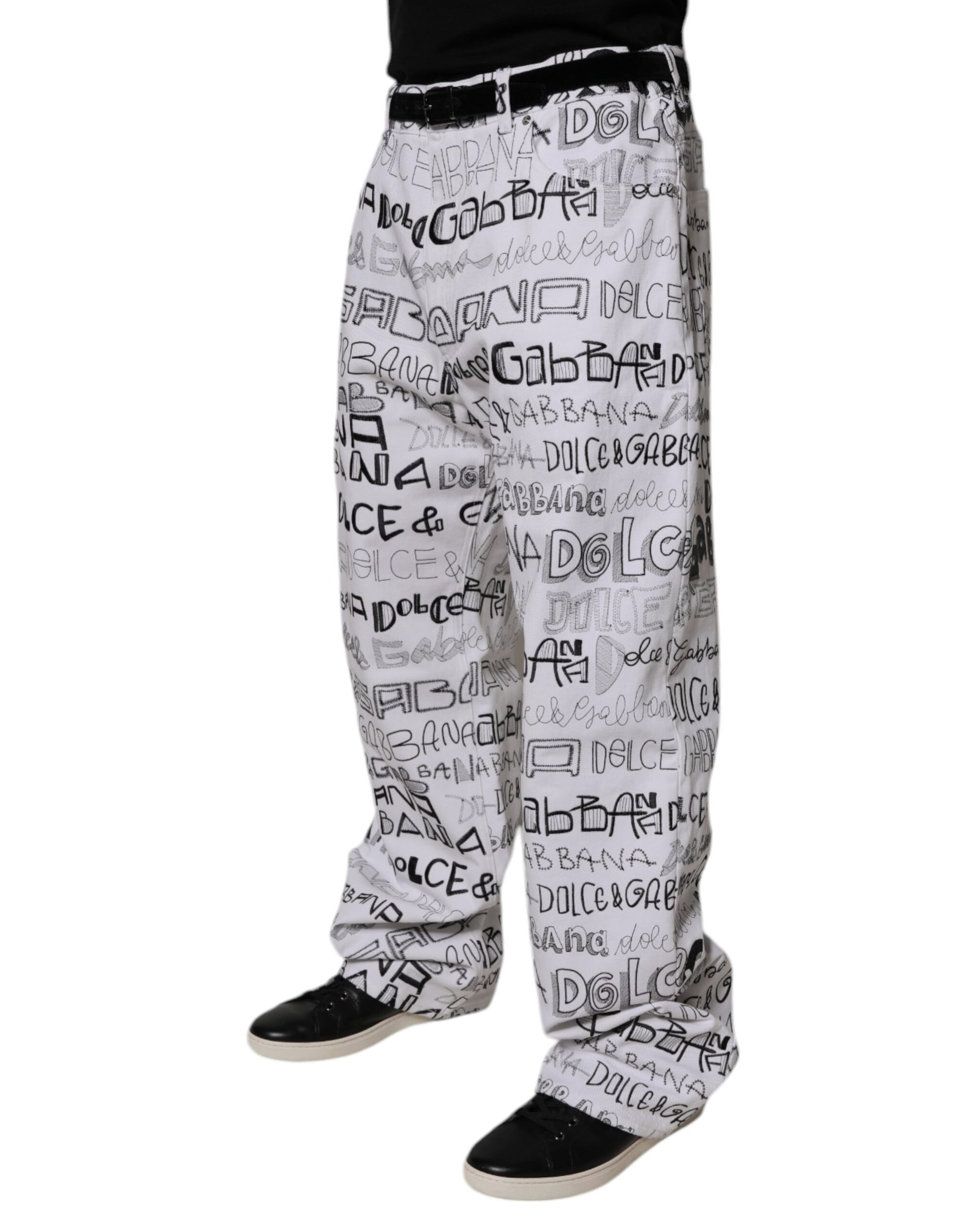 Dolce & Gabbana White Logo Print Straight Men Denim Jeans Dolce & Gabbana