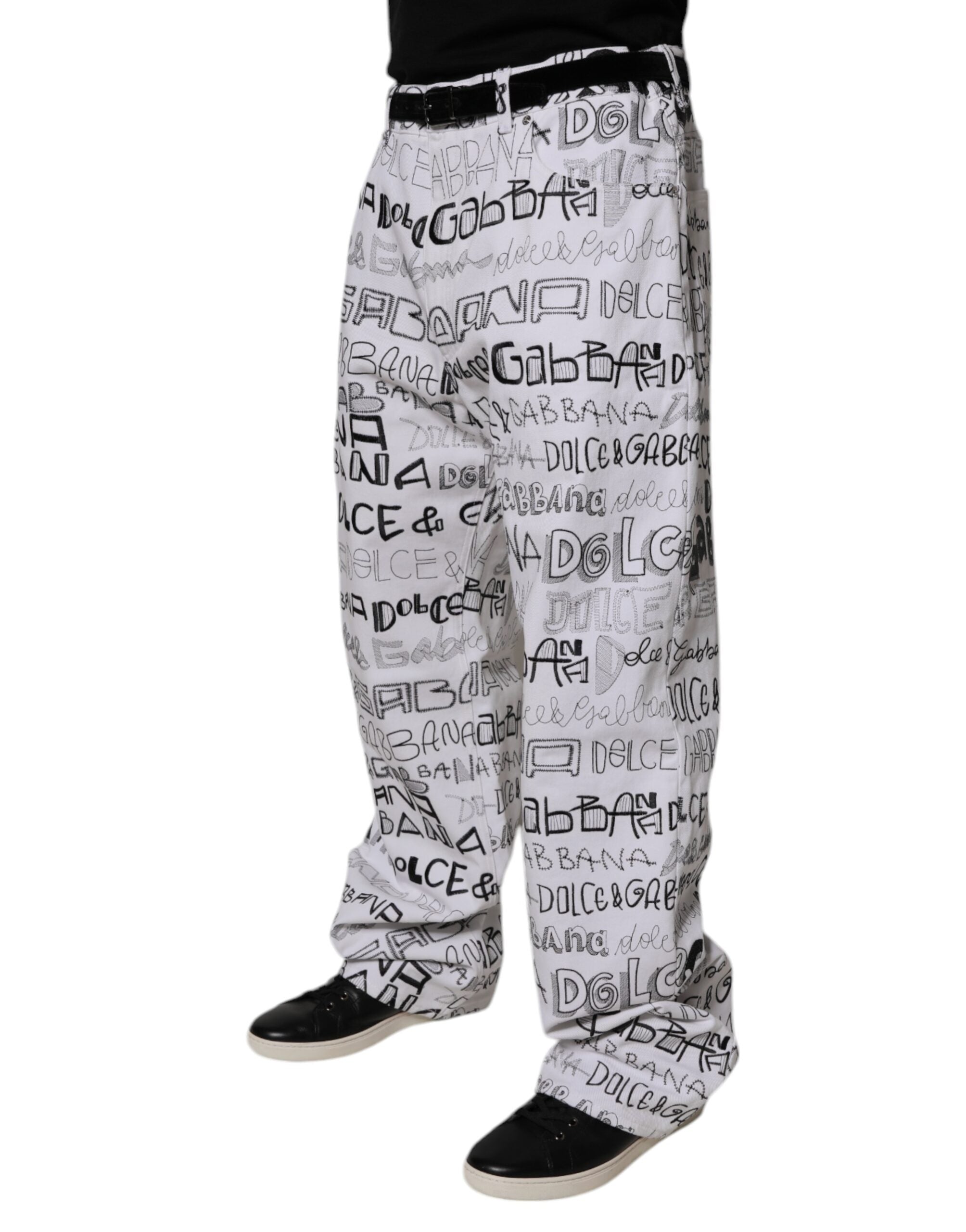 Dolce & Gabbana White Logo Print Straight Men Denim Jeans Dolce & Gabbana