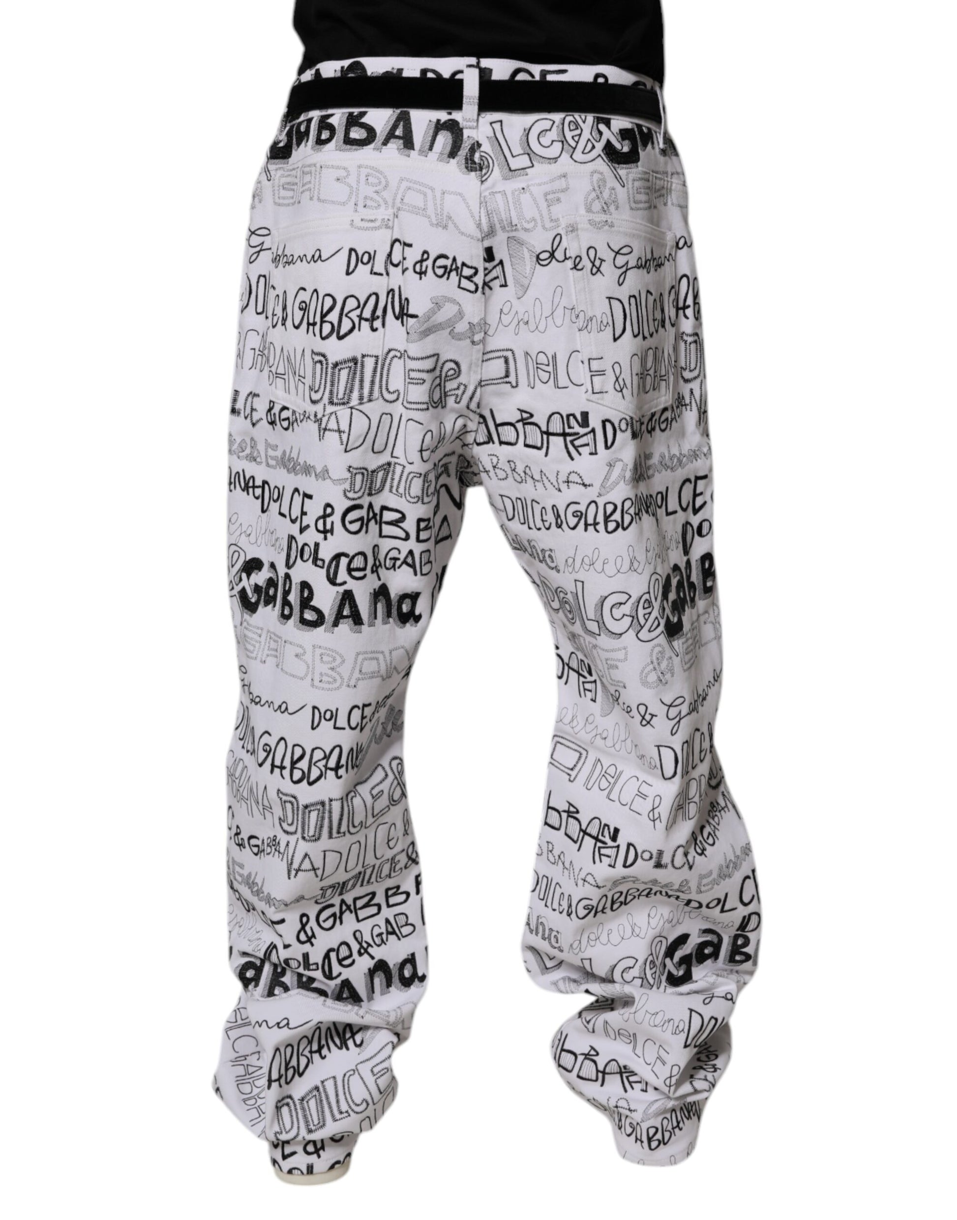 Dolce & Gabbana White Logo Print Straight Men Denim Jeans Dolce & Gabbana
