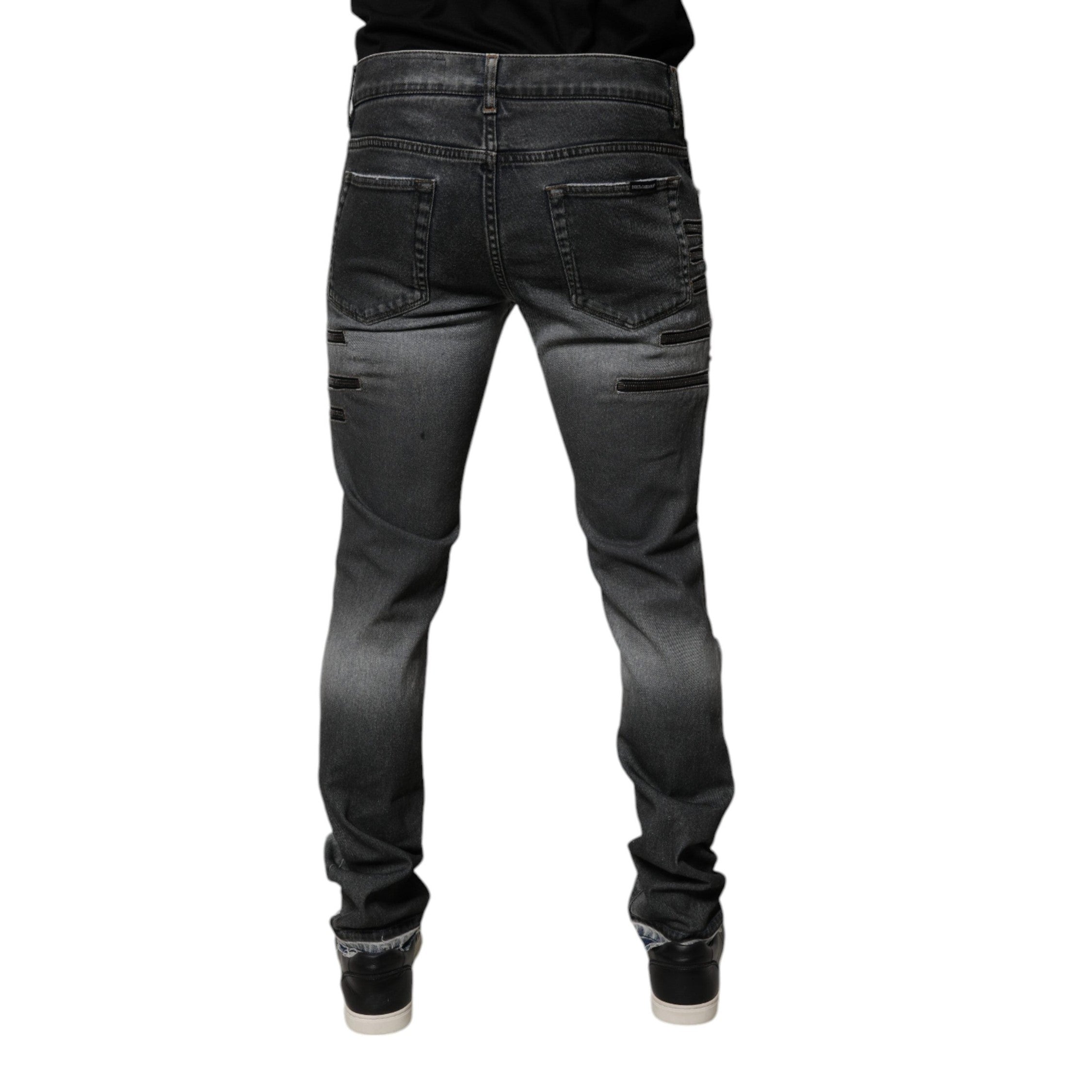 Dolce & Gabbana Dark Gray Tattered Cotton Skinny Denim Jeans