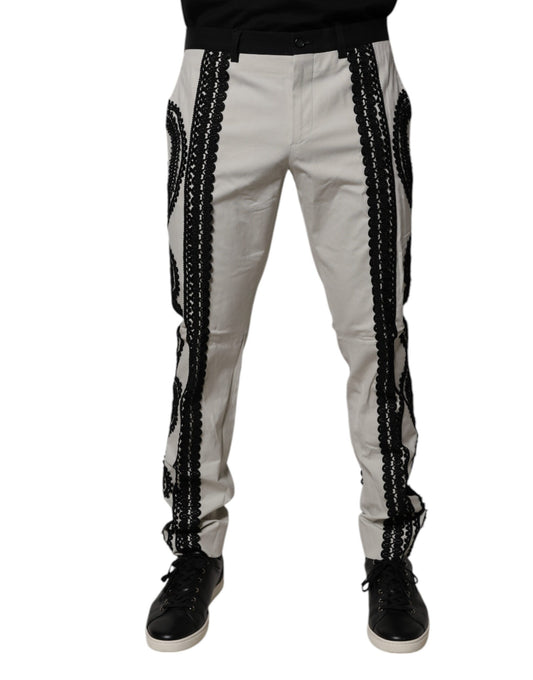 Dolce & Gabbana White Lace Trim Mid Waist Dress Formal Pants Dolce & Gabbana