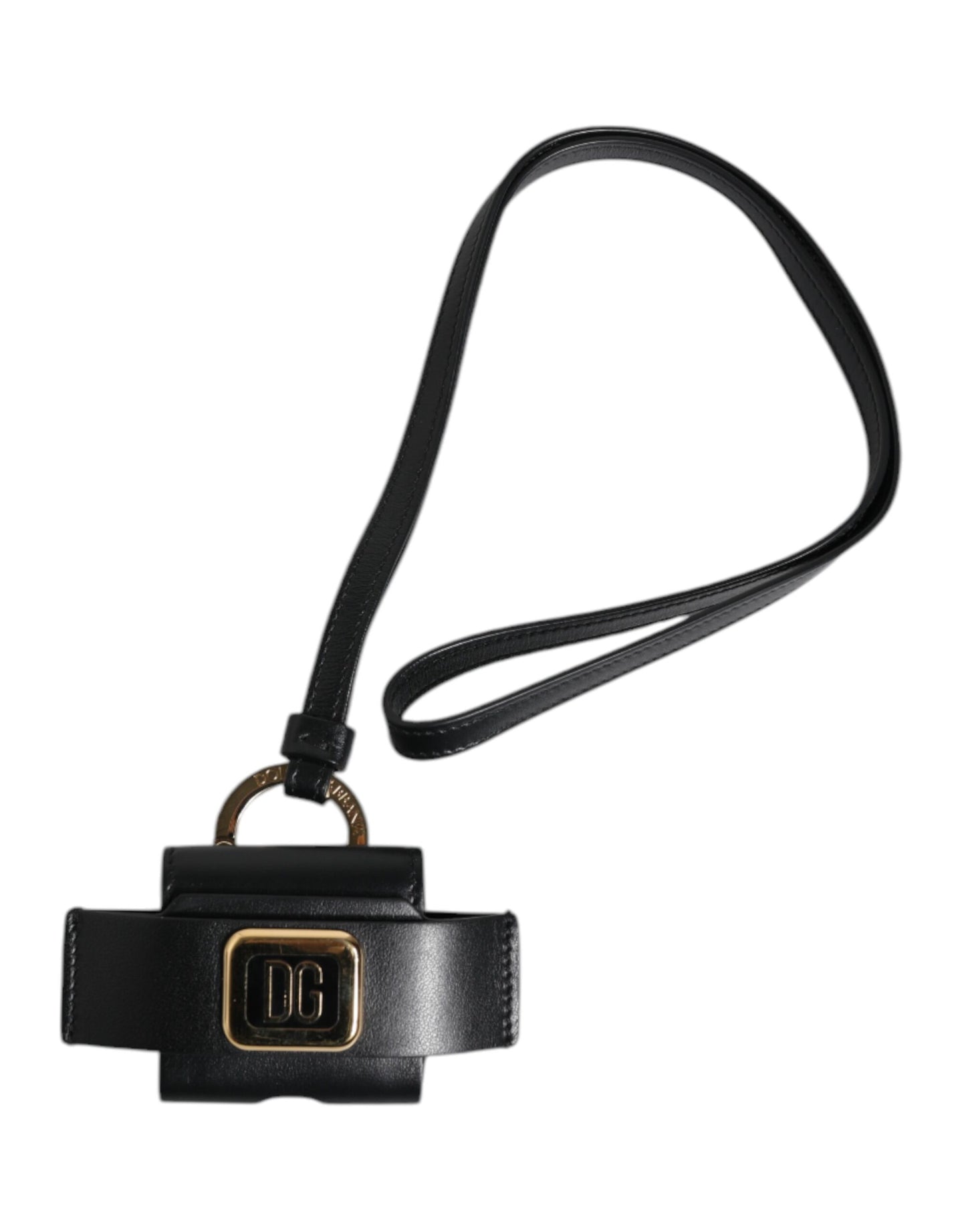 Dolce & Gabbana Black Leather Strap Gold Metal Logo Plaque Airpods Case Dolce & Gabbana