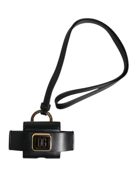 Dolce & Gabbana Black Leather Strap Gold Metal Logo Plaque Airpods Case Dolce & Gabbana