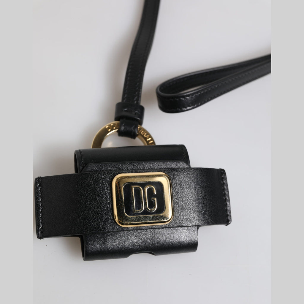 Dolce & Gabbana Black Leather Strap Gold Metal Logo Plaque Airpods Case