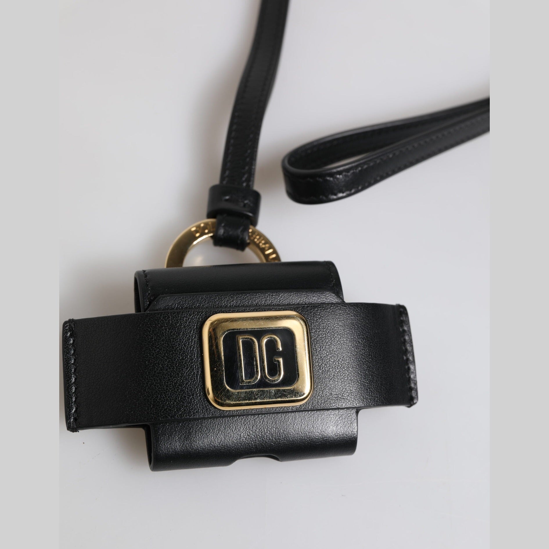 Dolce & Gabbana Black Leather Strap Gold Metal Logo Plaque Airpods Case