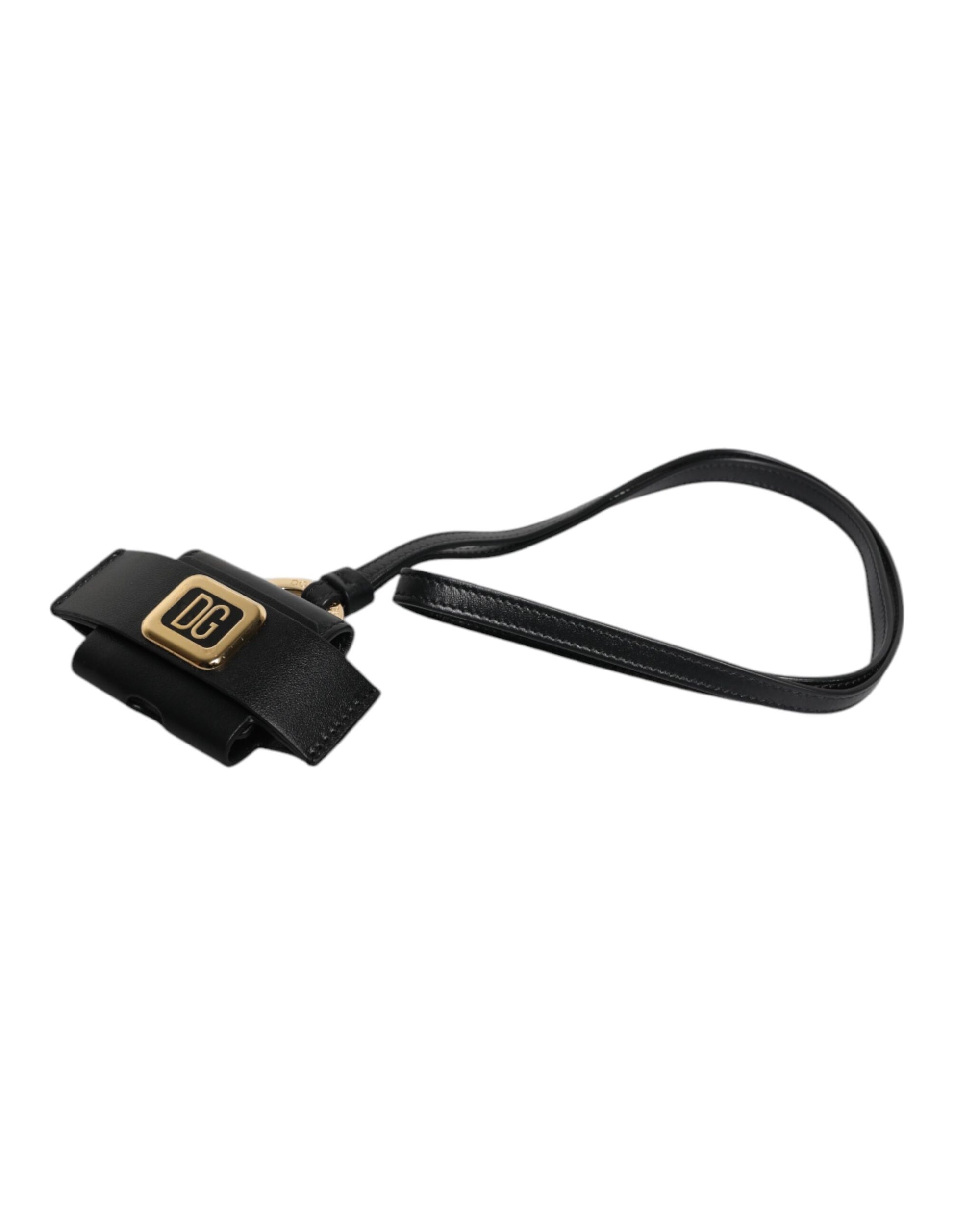 Dolce & Gabbana Black Leather Strap Gold Metal Logo Plaque Airpods Case Dolce & Gabbana